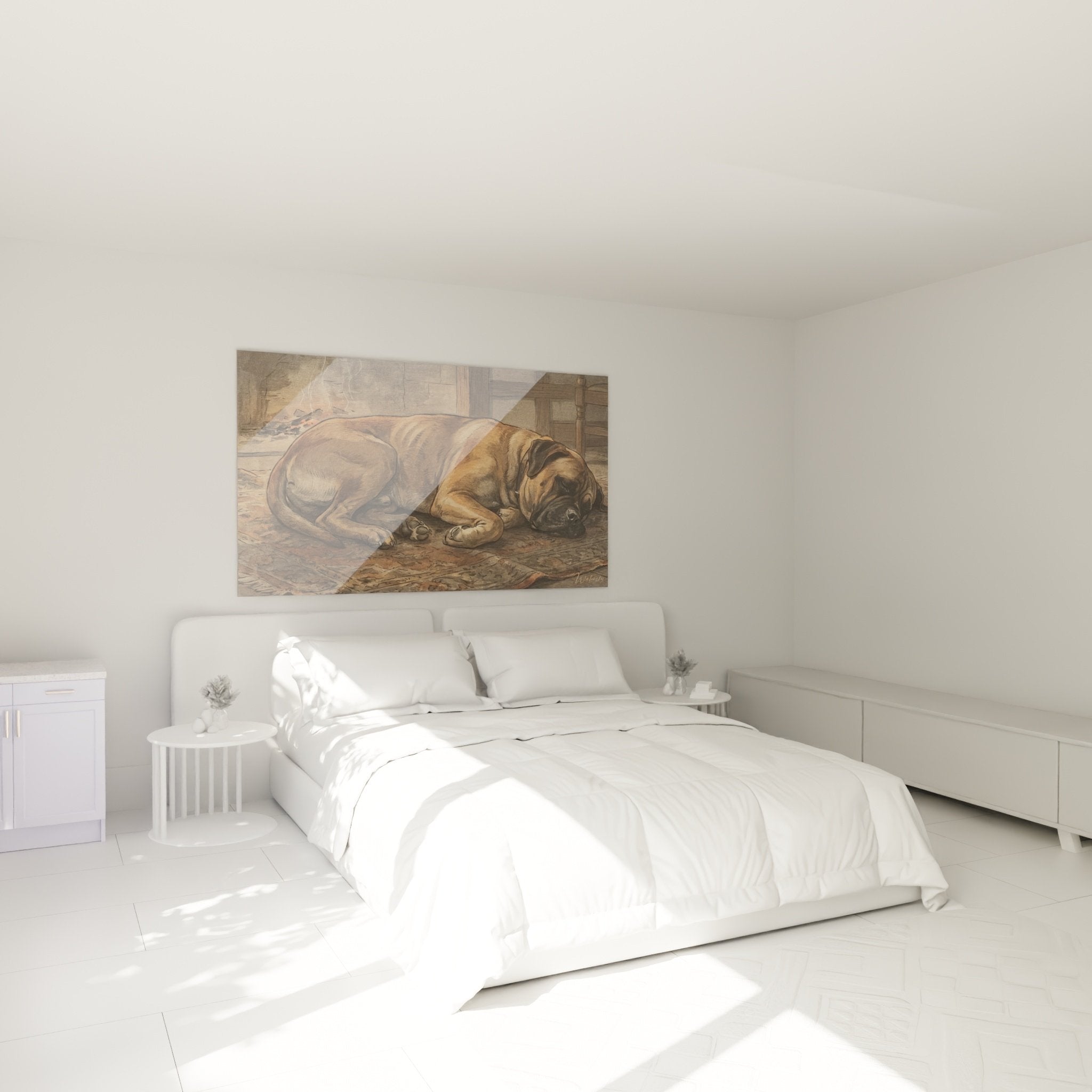 Tableau Bullmastiff endormi décorant une chambre cosy aux couleurs chaudes et ambiance apaisante