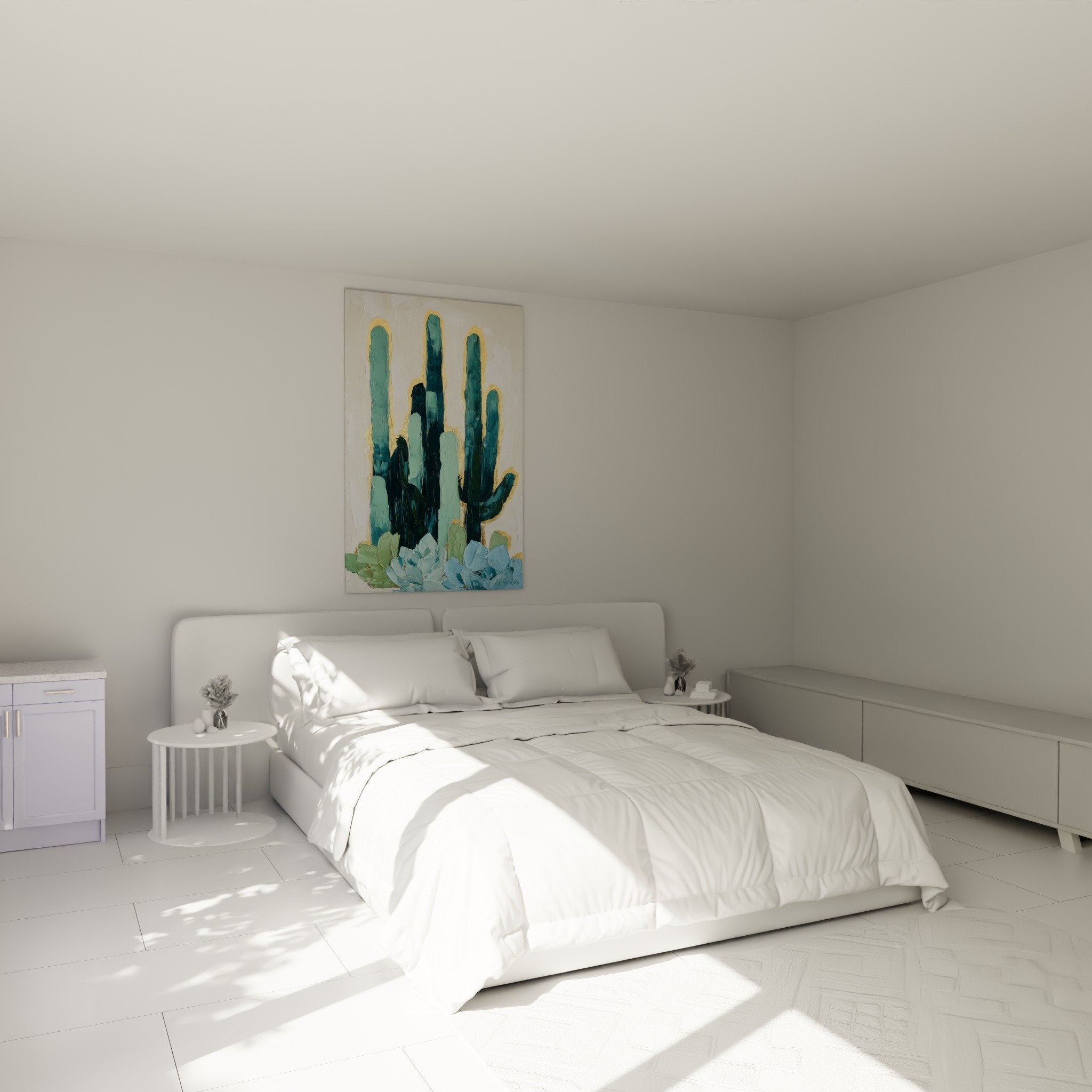 Tableau cactus bleu doré accroché au-dessus d'un lit dans chambre moderne aux tons neutres