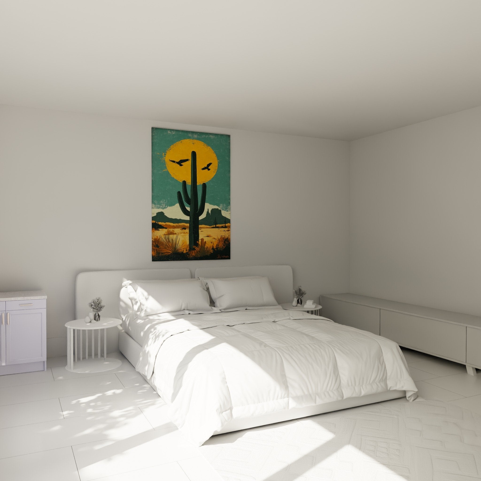 Decoration chambre tableau cactus desert soleil orange ambiance moderne boheme style vintage