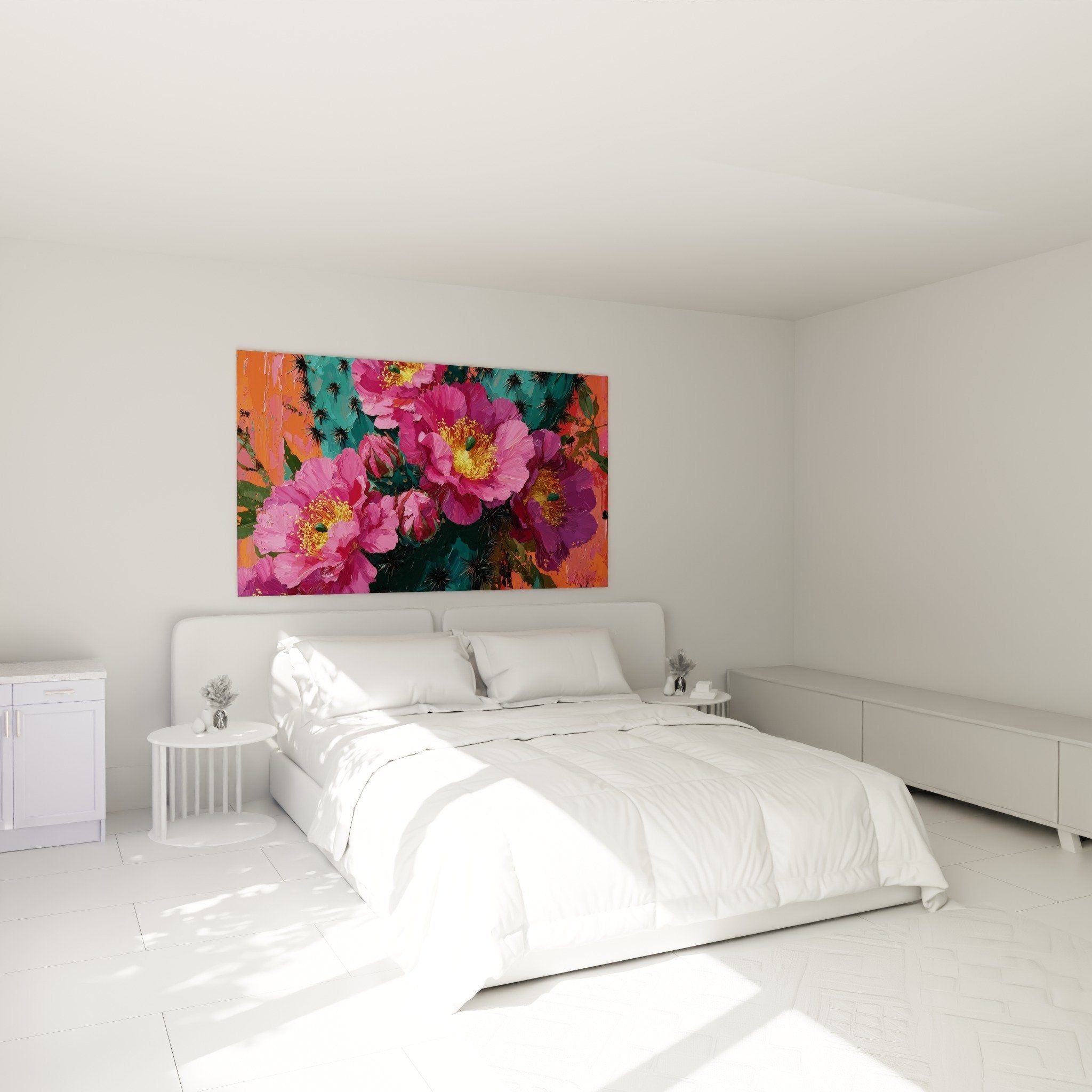 Tableau floral cactus rose turquoise dans chambre décoration murale moderne