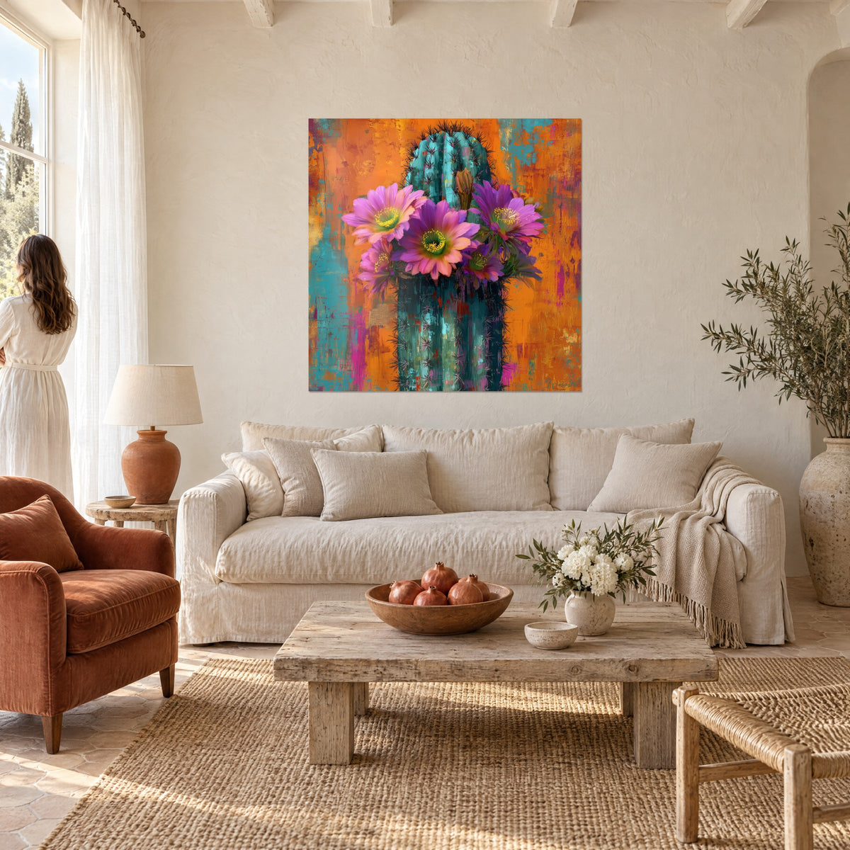 Wall art turquoise columnar cactus crowned with purple flowers, orange background, above a sofa in a bright living room