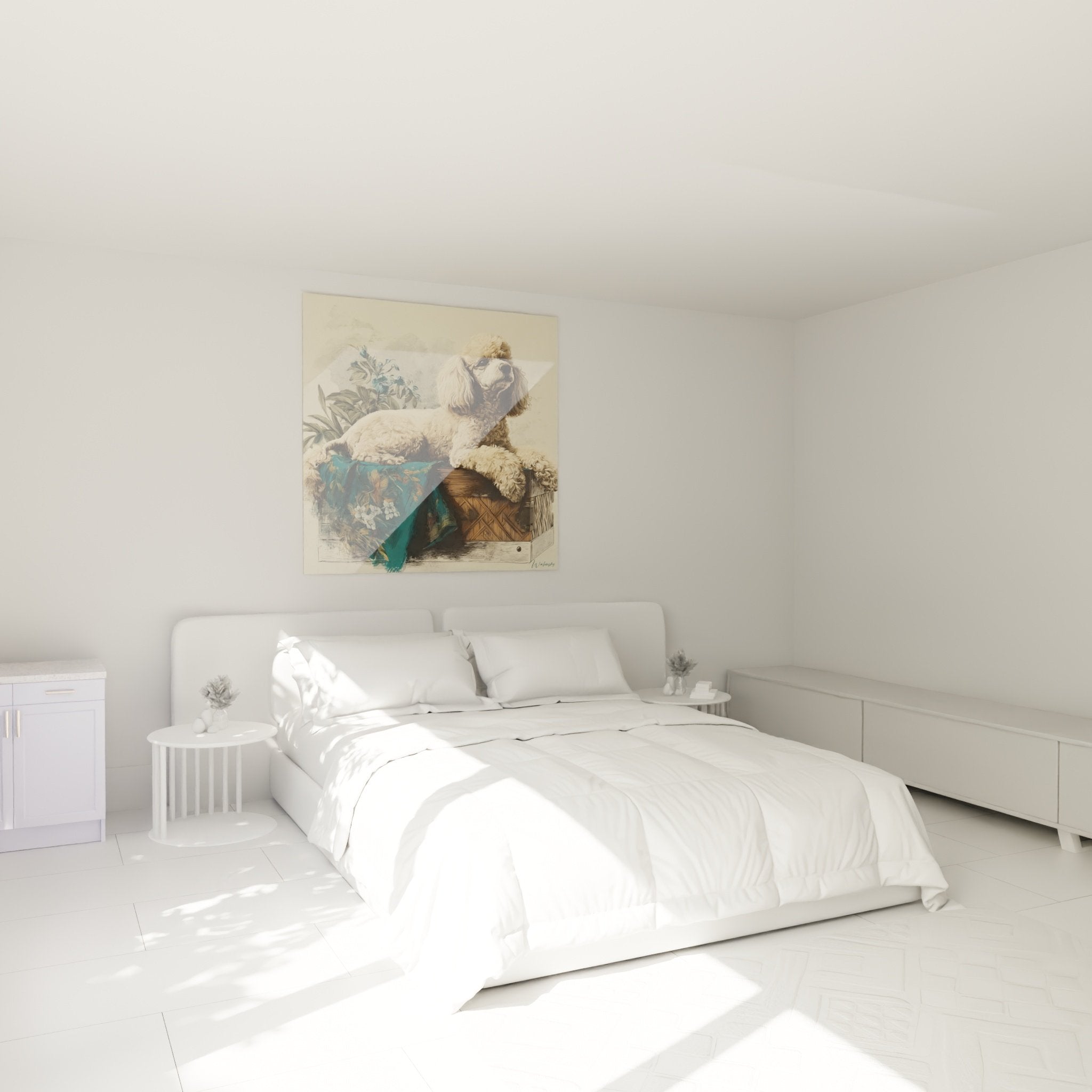 Deco chambre avec tableau caniche aristocratique sur mur beige mobilier classique ambiance raffinee maison de maitre