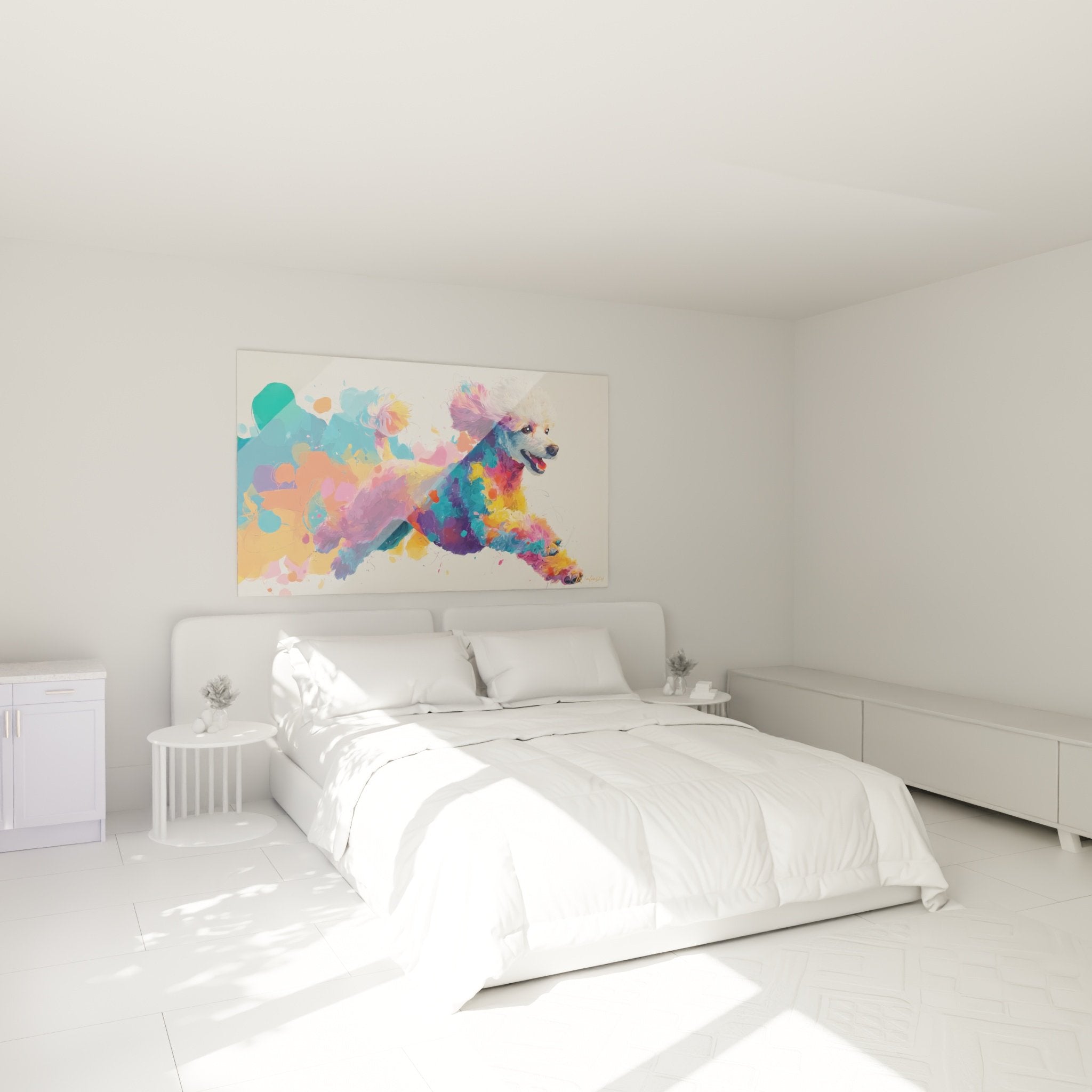 Schlafzimmer Deko Bild mehrfarbiger Pudel an weißer Wand fröhliche Atmosphäre zeitgenössische Kunst