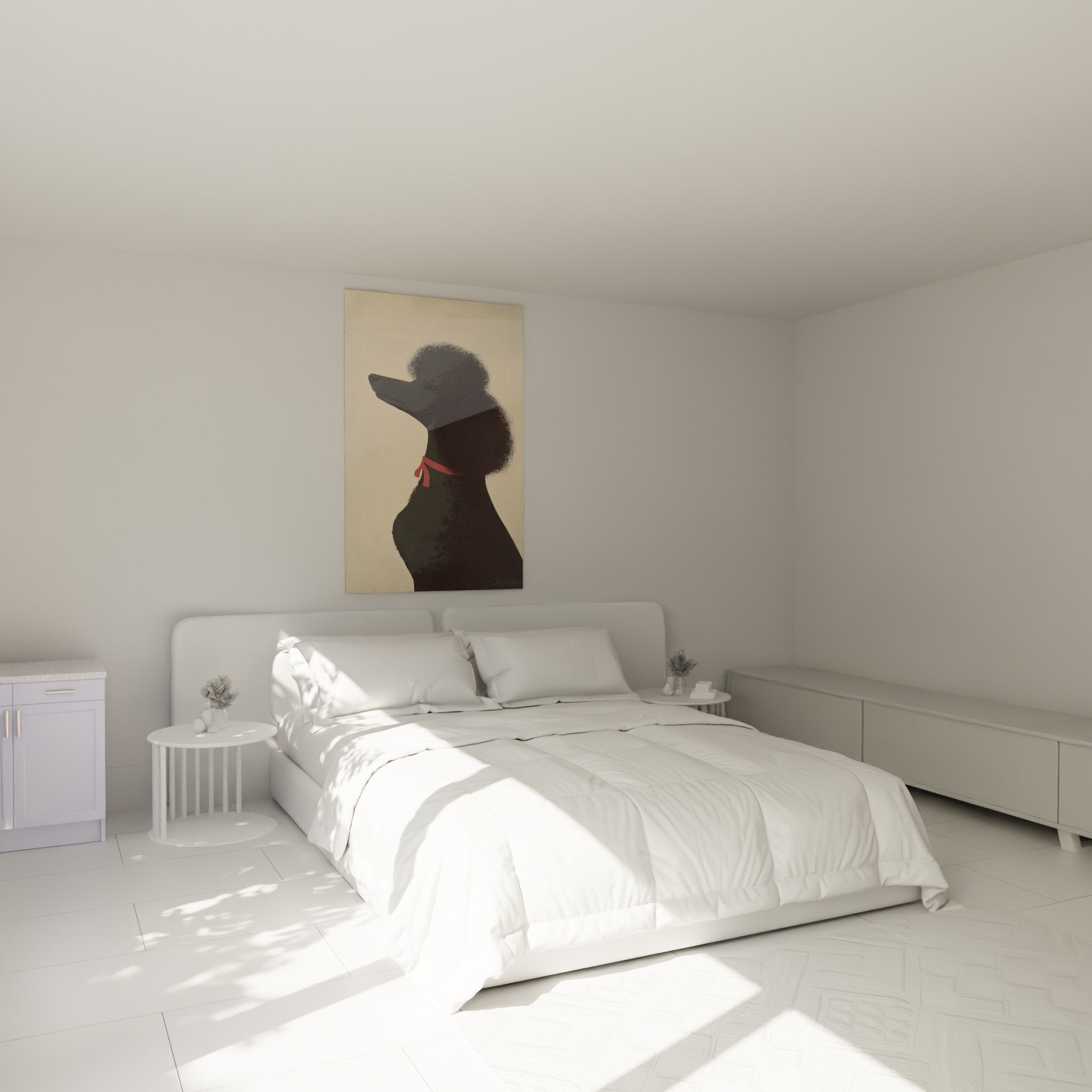 Decorazione murale camera da letto con quadro barboncino nero, atmosfera accogliente e raffinata, arte animalier