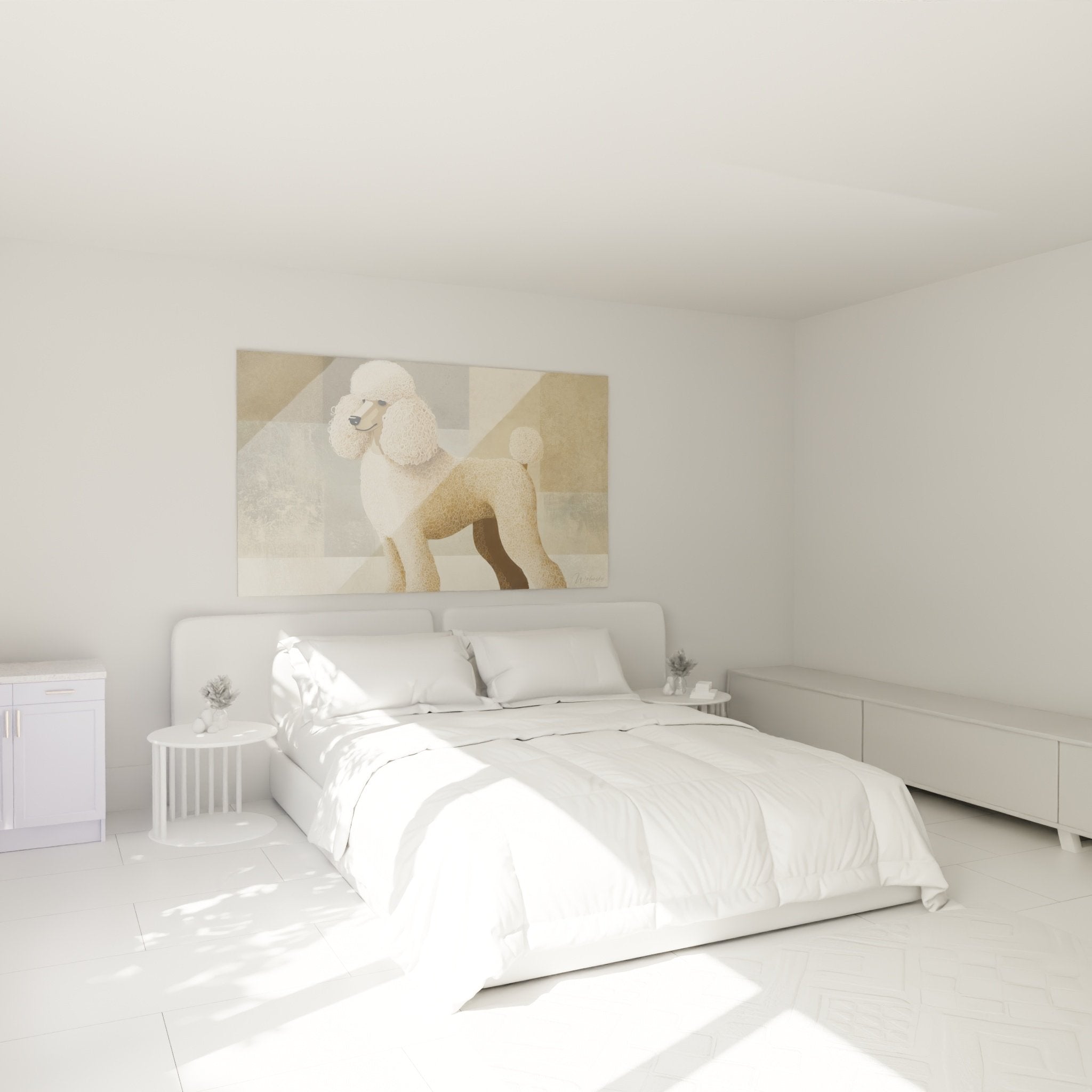 Déco chambre avec tableau Caniche tons beiges dorés ambiance chaleureuse et raffinée