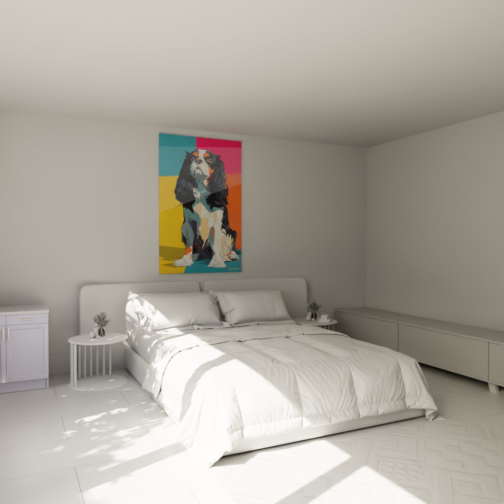 Modernes Cavalier King Charles Gemälde in zeitgenösslichem Schlafzimmer mit hellen Wänden und minimalistischen Möbeln