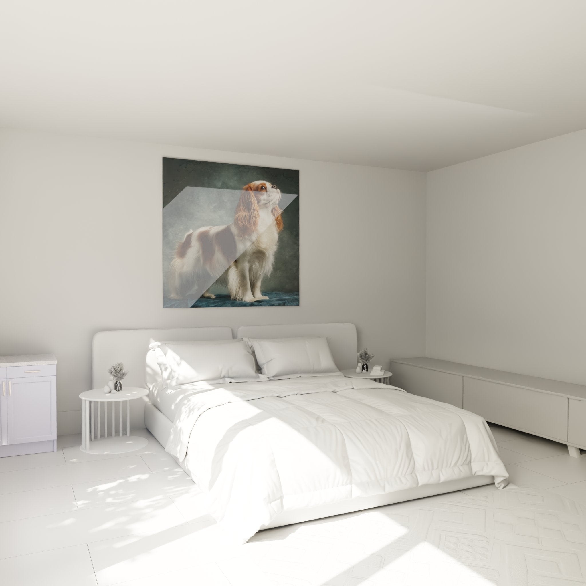 decoration chambre tableau chien cavalier king charles portrait artistique ambiance apaisante