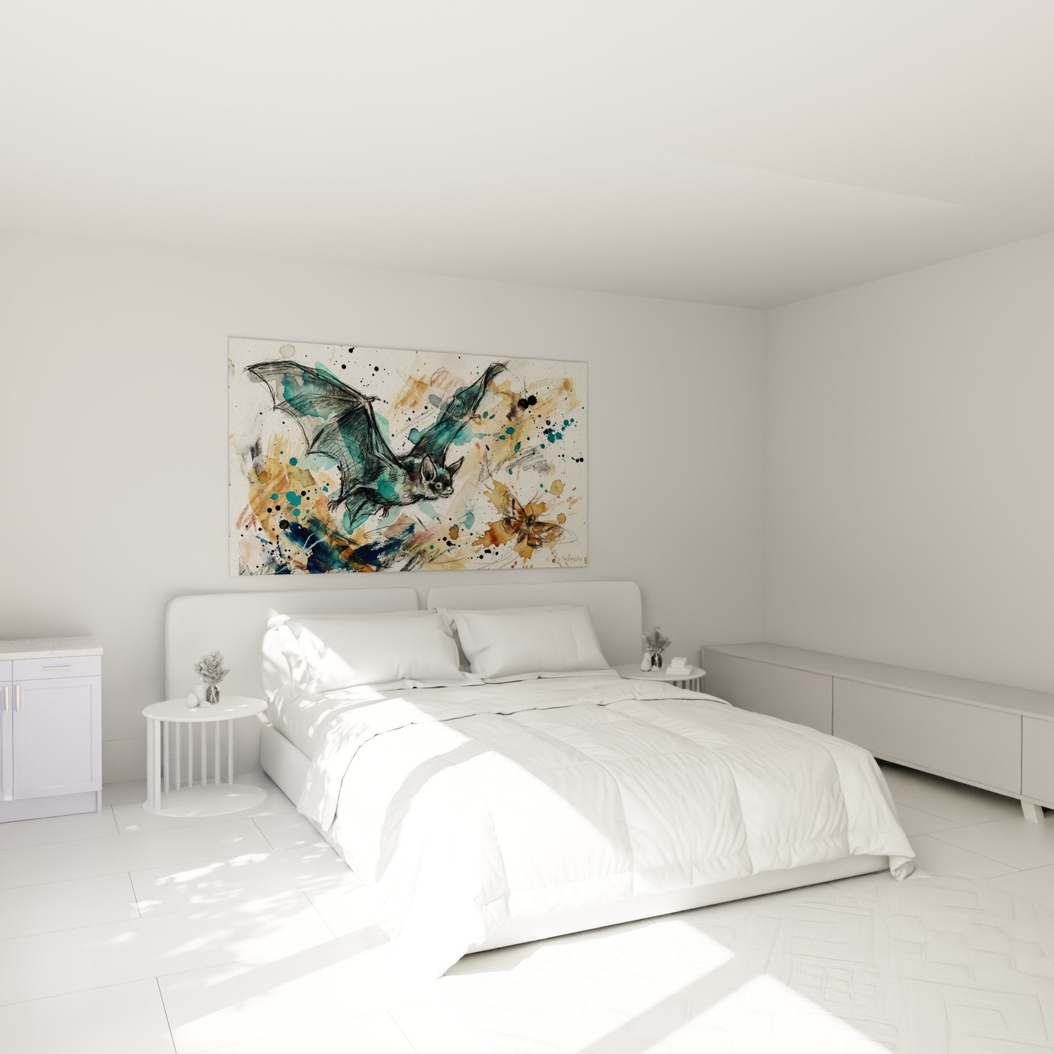 Fledermaus-Aquarellgemälde in Türkis an der Wand eines modernen Schlafzimmers aufgehängt künstlerische Wanddekoration