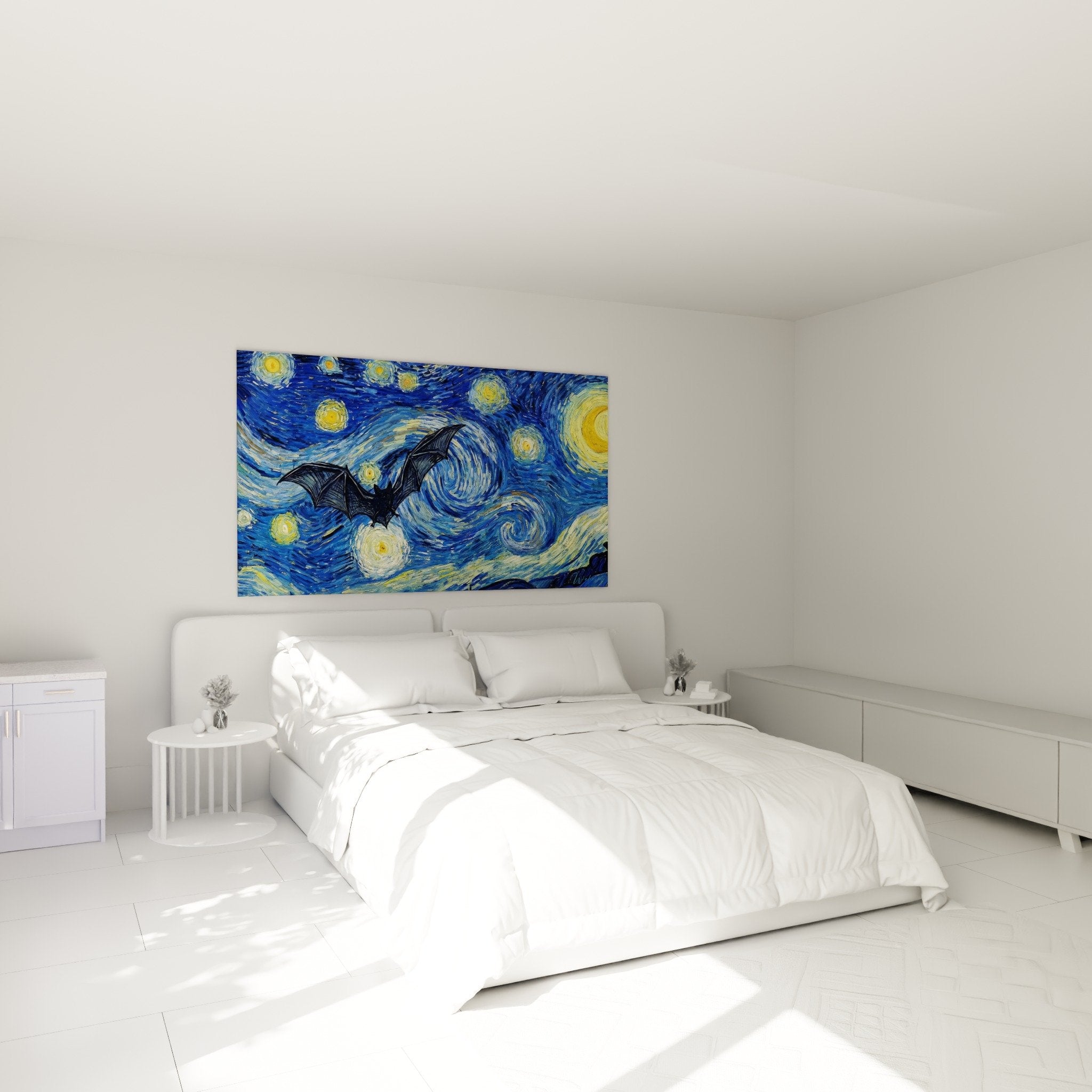 Tableau chauve-souris ciel étoilé bleu décorant chambre moderne aux tons sombres et élégants