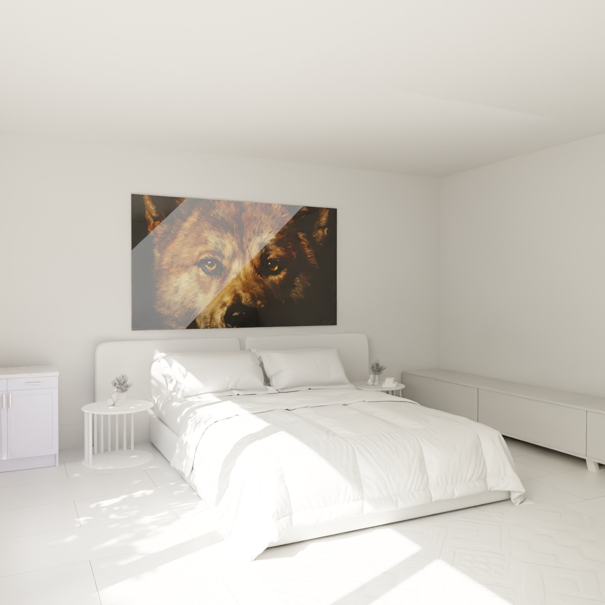 Quadro Akita Inu sguardo intenso in camera moderna, decorazione murale cane con occhi ambrati, tonalità calde