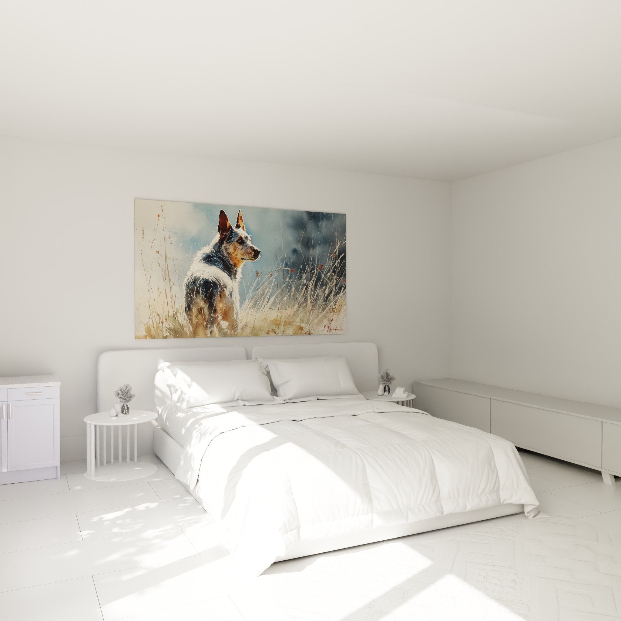 Tableau chien berger australien decore chambre murs clairs ambiance sereine contemplative rustique chic