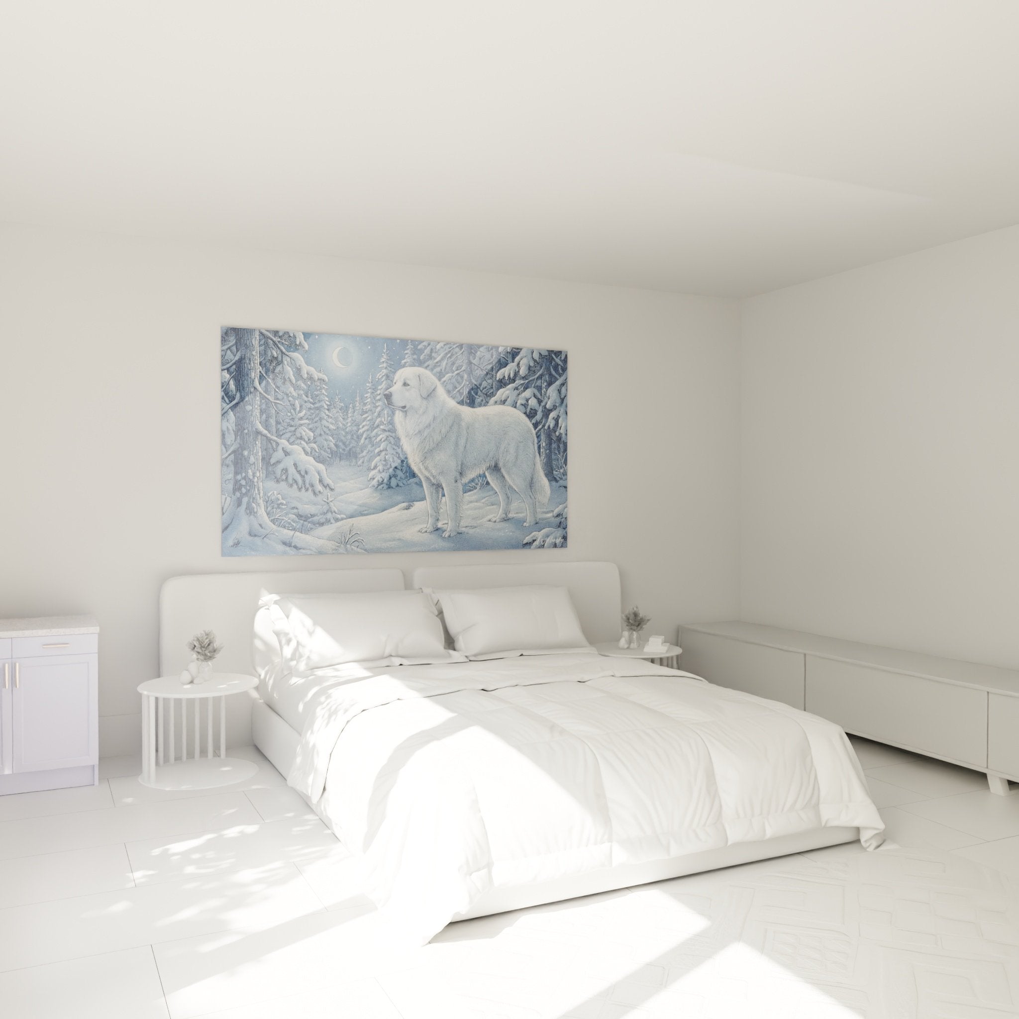 Schlafzimmer Deko mit weißem Hundetableau Schneeatmosphäre, beruhigende Atmosphäre und gefrorene Blautöne für gemütliches Interieur