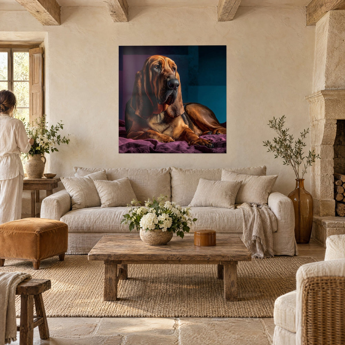 Quadro di un cane da seguito dalle lunghe orecchie marroni, coperta viola e sfondo blu anatra, sopra un divano in un soggiorno luminoso