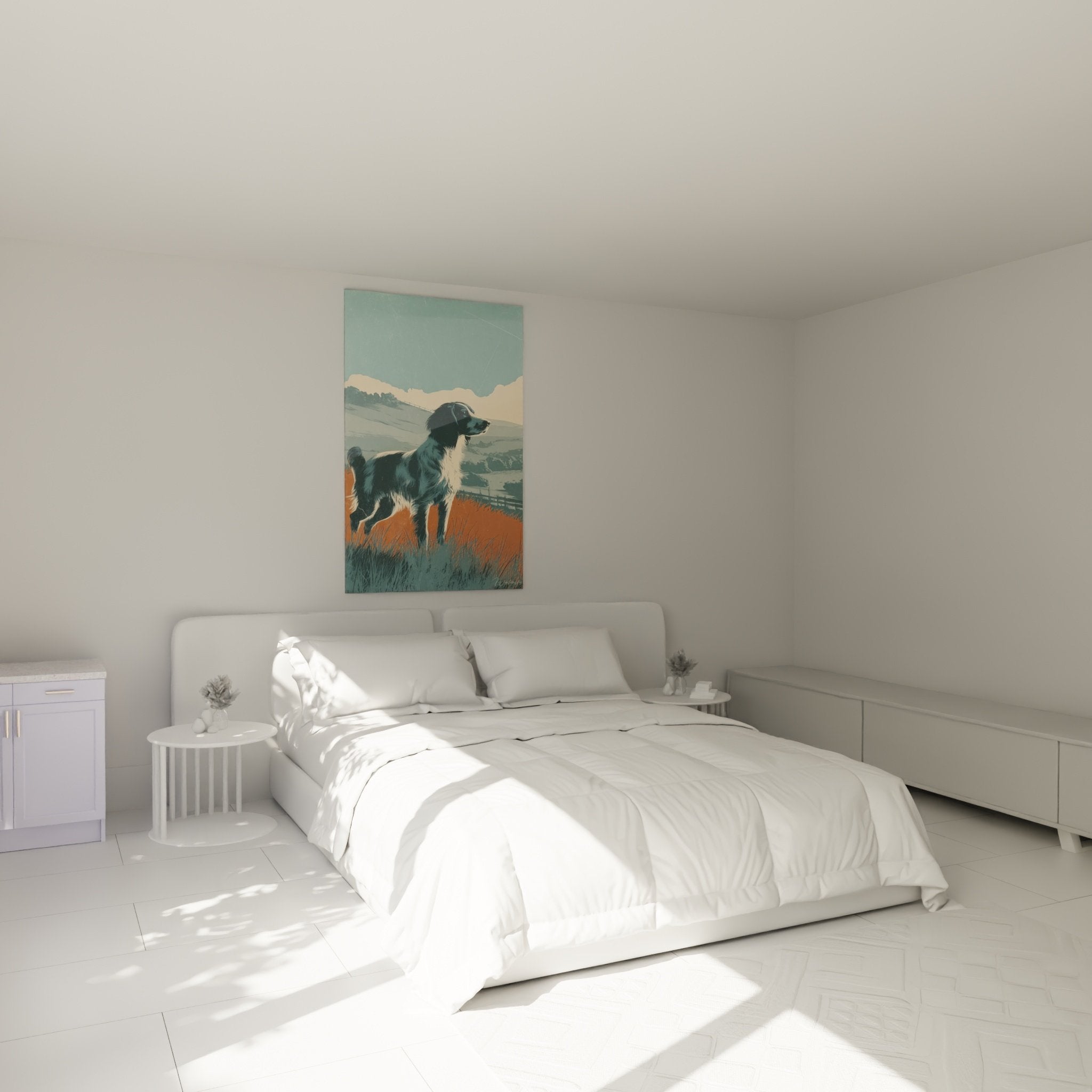 Deco chambre avec tableau chien de chasse Epagneul Breton dans paysage collines, ambiance nature