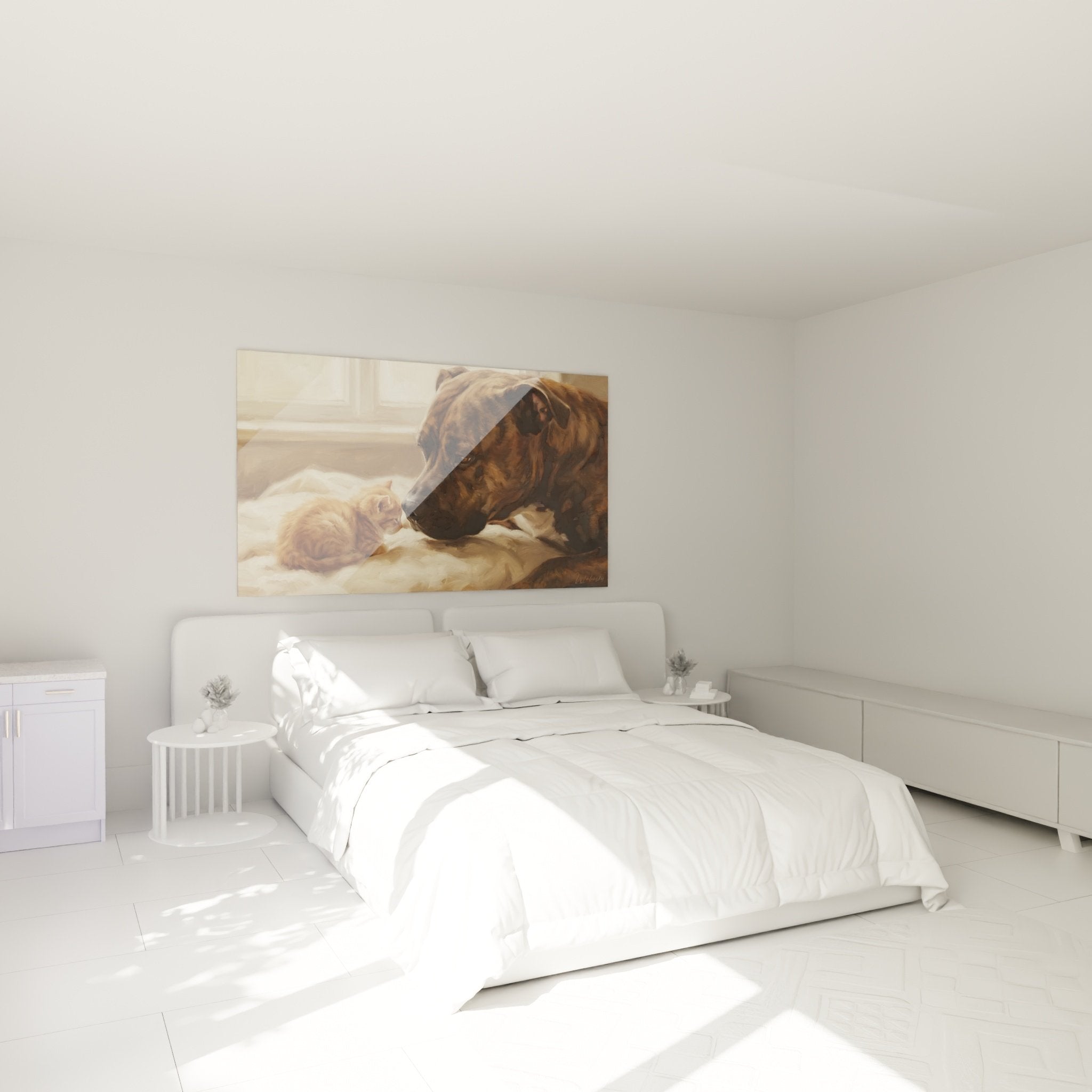 Decoration chambre tableau chien et chat ambiance douce tons beiges bruns lumiere naturelle apaisante