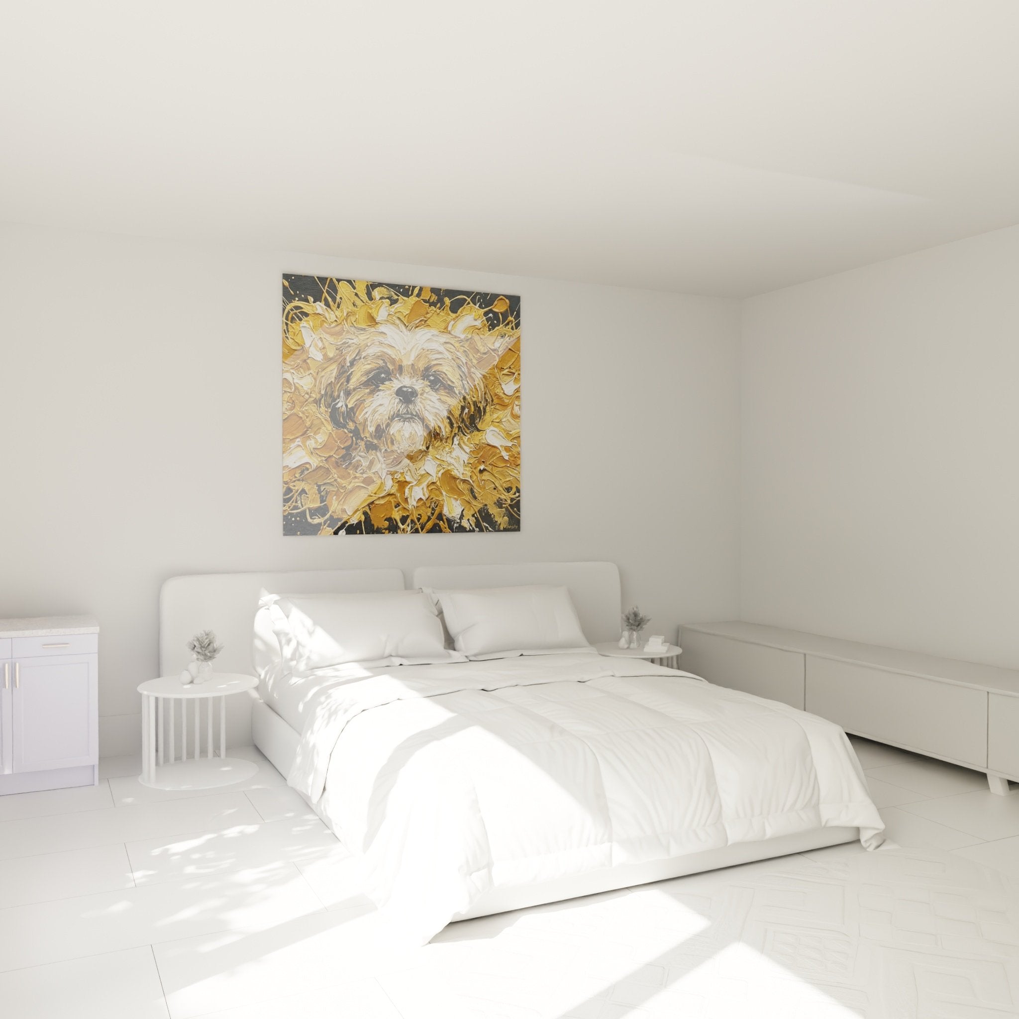 Decorazione murale cane dorato in camera accogliente con atmosfera calda e rilassante