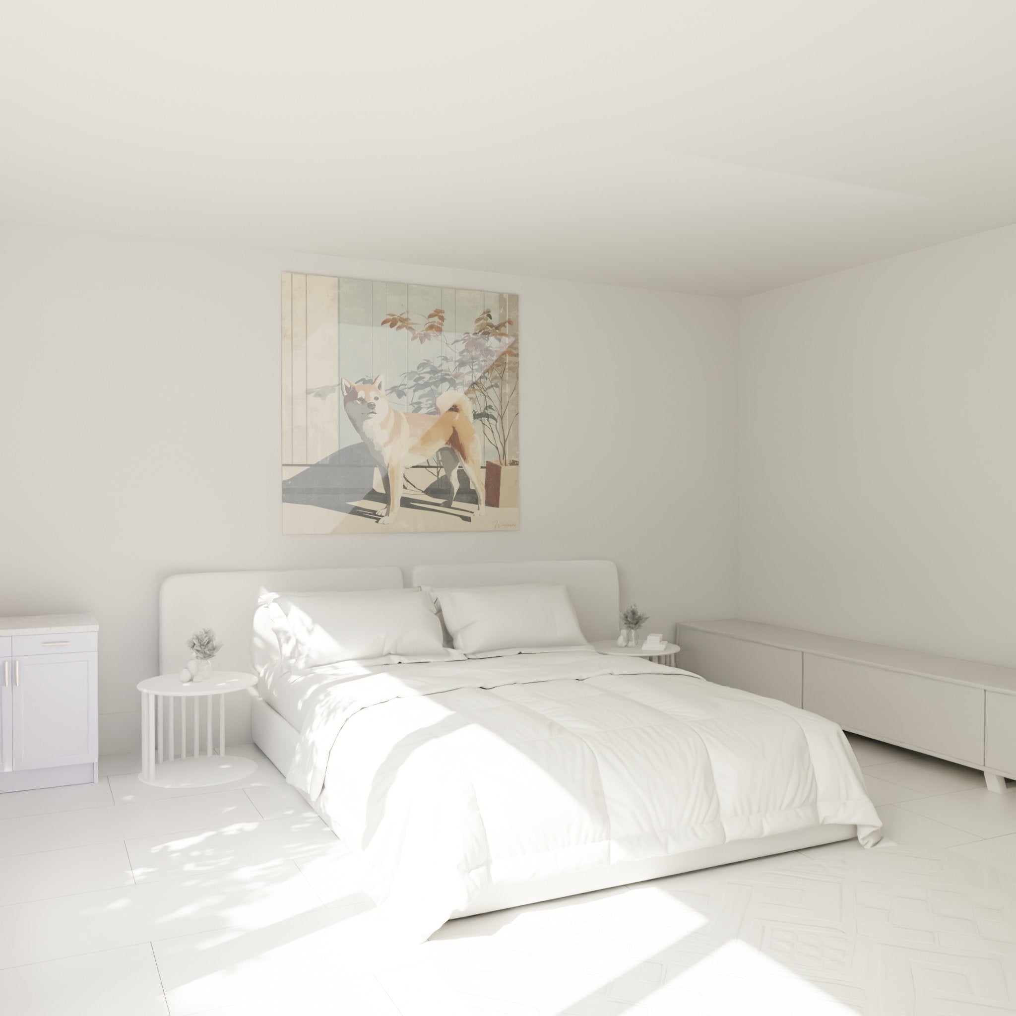 Bedroom decoration with Shiba Inu wall art warm tones zen and soothing atmosphere