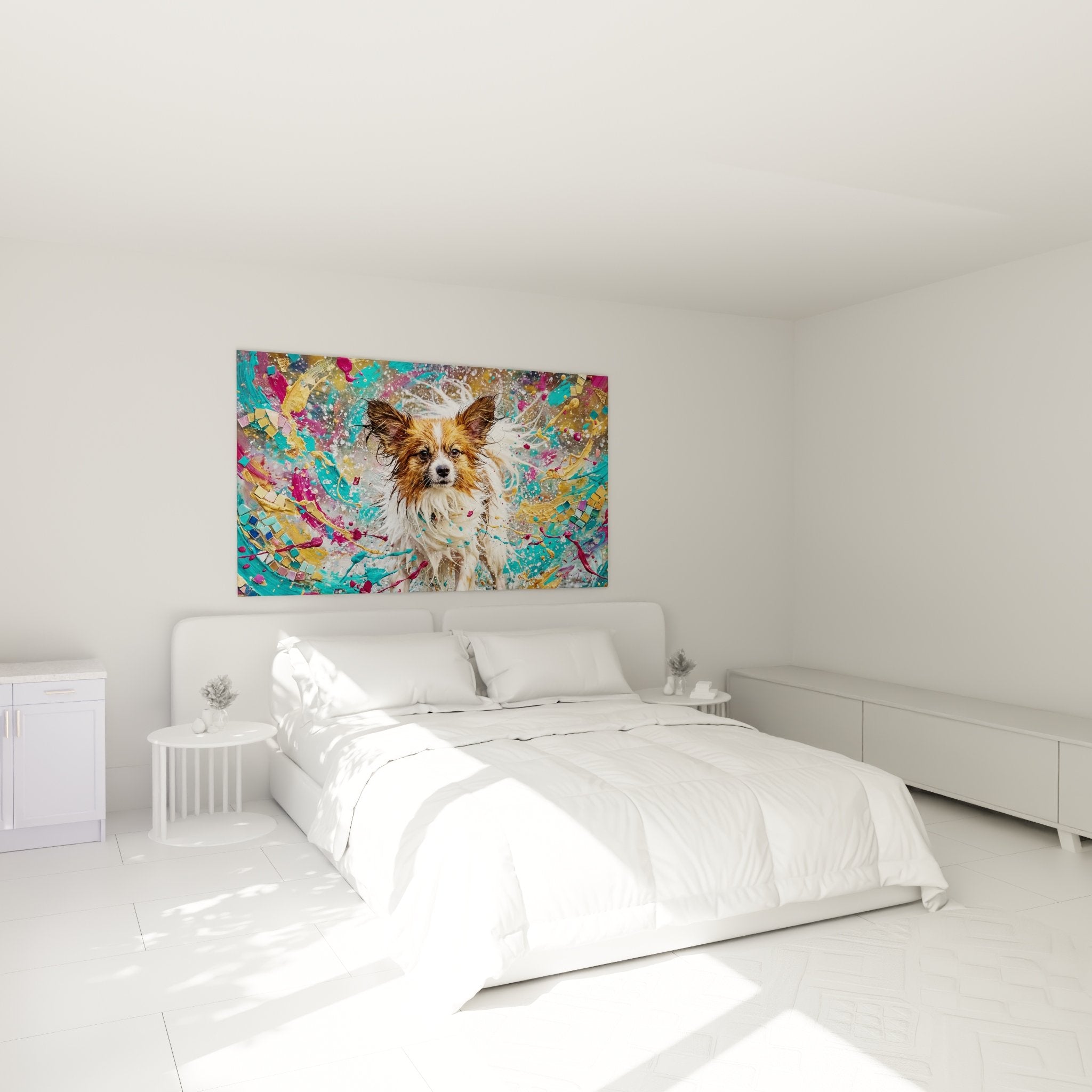 Déco chambre moderne avec tableau chien papillon coloré au-dessus du lit tons vifs et dorés