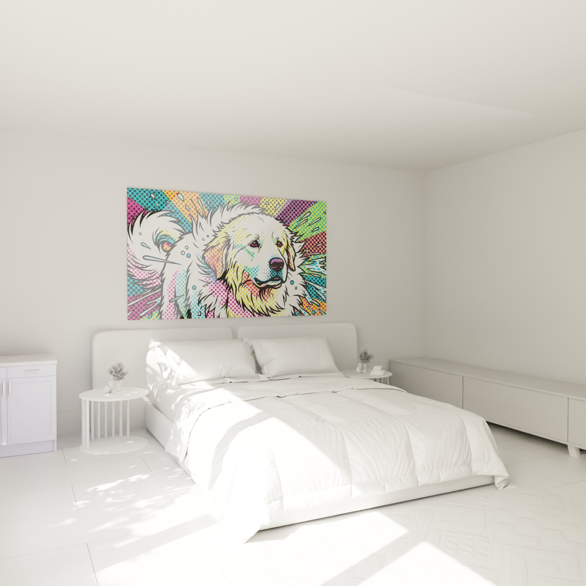 Wanddekoration Hund Pop-Art modernes Schlafzimmer leuchtende Farben Rosa Cyan künstlerische Atmosphäre