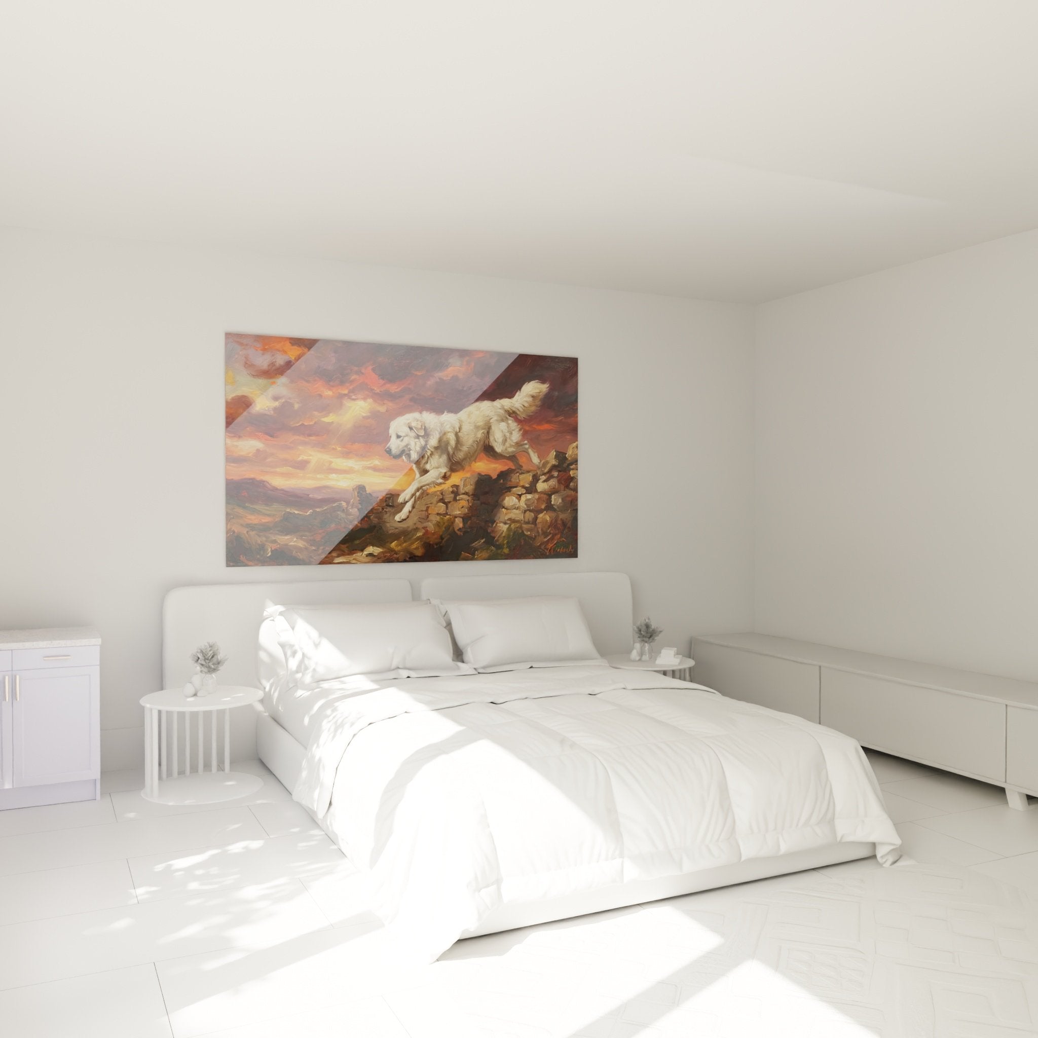 Décoration chambre avec tableau chien de montagne pyrénéen contemplant horizon rocheux au couchant - ambiance chaleureuse