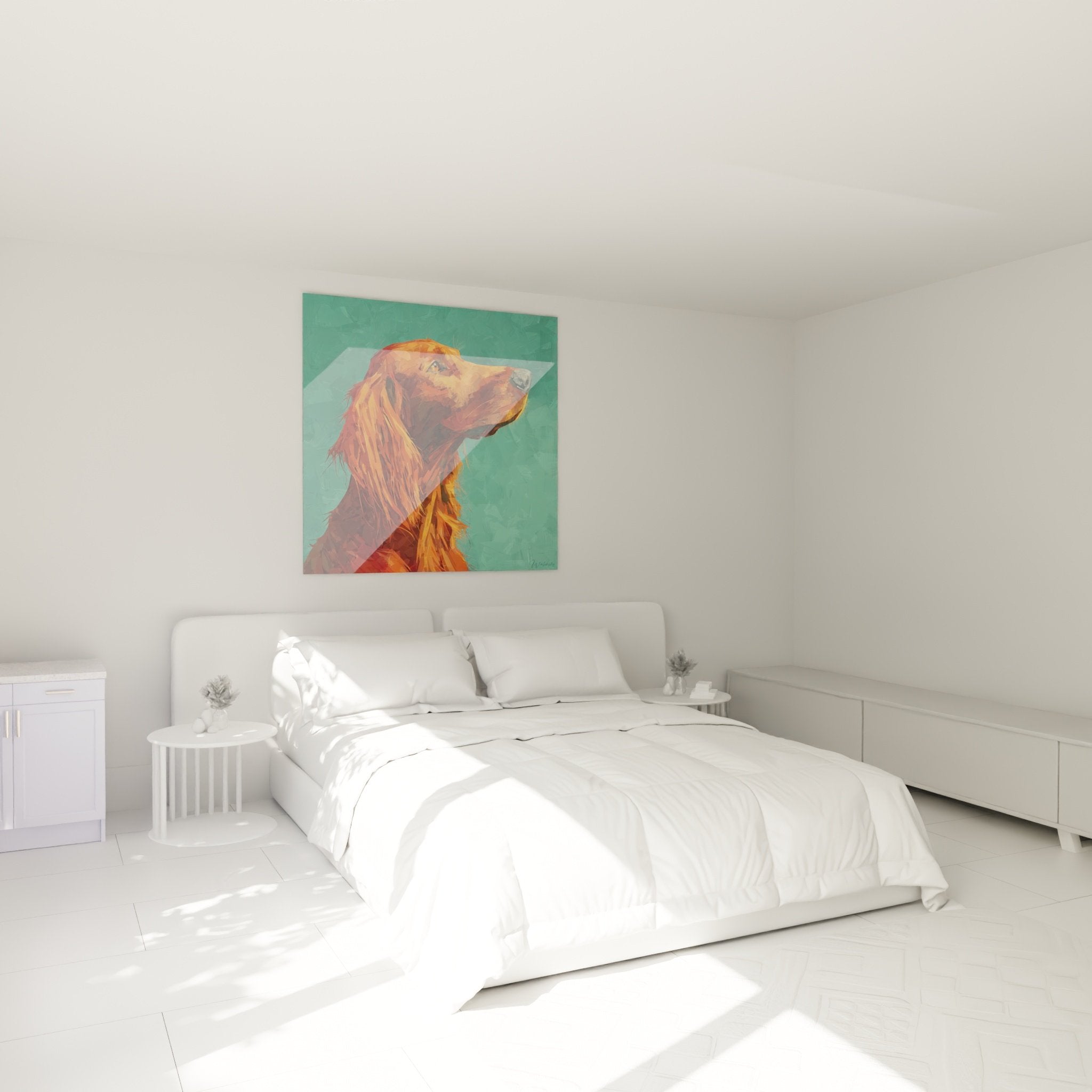 Irish Setter Painting in orange tones decorating a modern bedroom with light walls and natural furniture