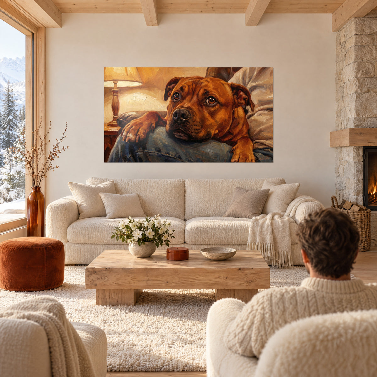 Quadro di uno staffie rossiccio dagli occhi ambrati e muso nero appoggiato su jeans blu, lampada dorata, sopra un divano in un soggiorno luminoso