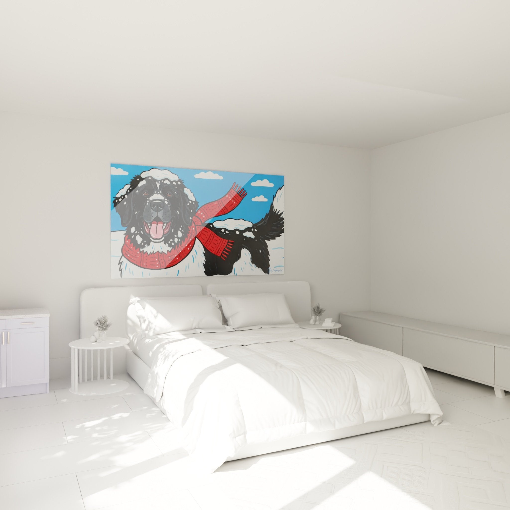 Tableau Terre Neuve hivernal dans chambre moderne, décoration murale chien noir écharpe rouge tricotée