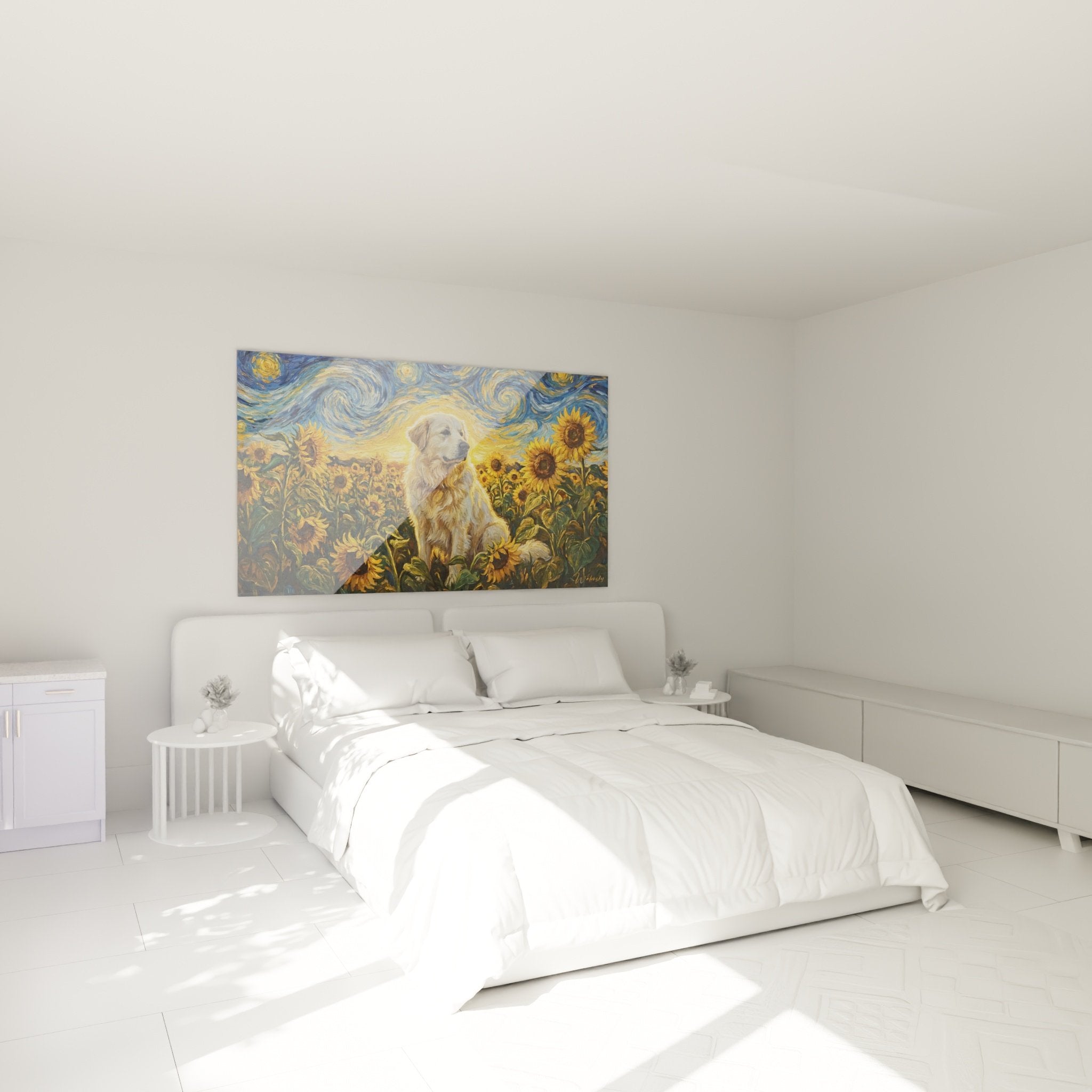 Décoration murale chambre avec tableau chien golden retriever parmi tournesols géants style Van Gogh