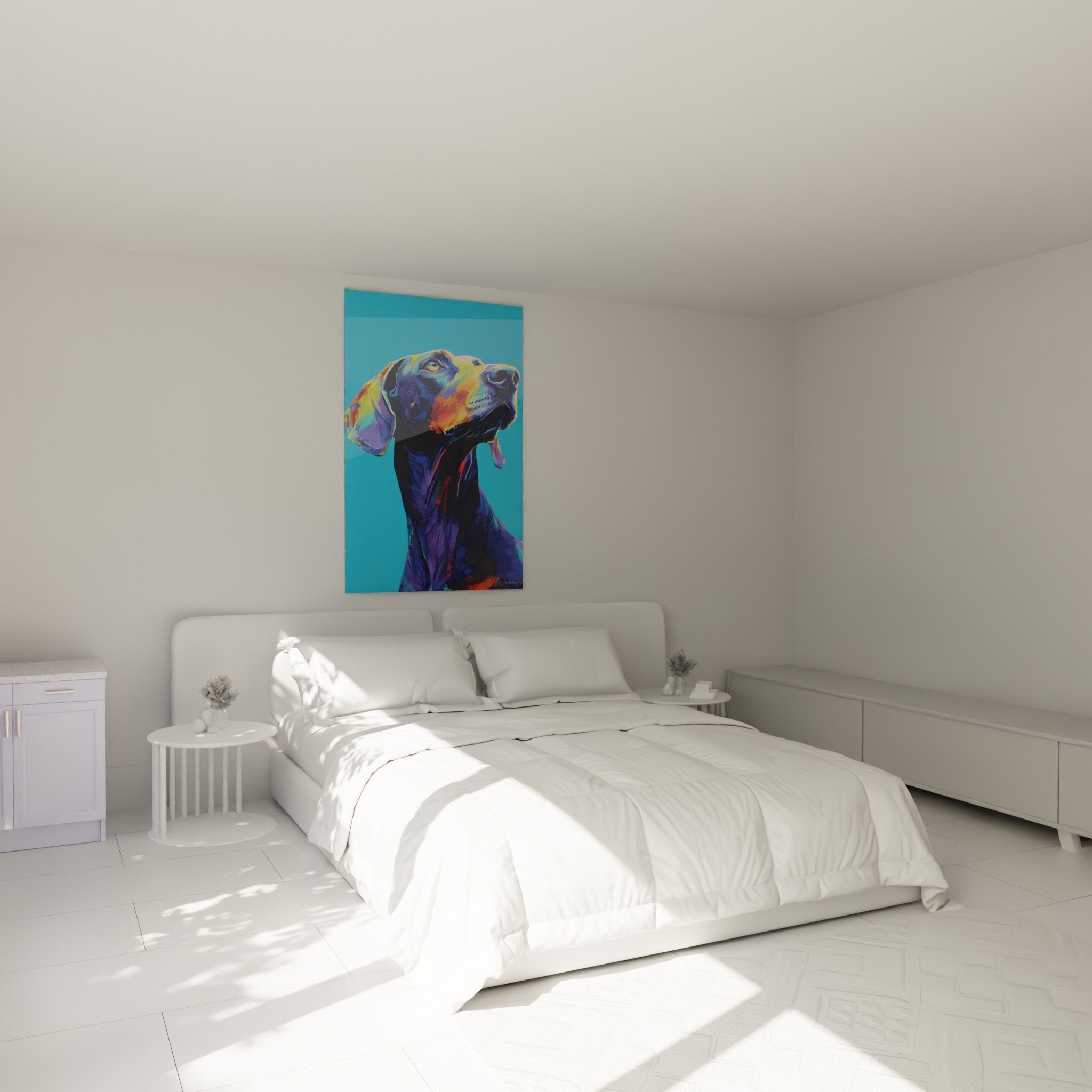Buntes Weimaraner-Gemälde in modernem Schlafzimmer mit minimalistischer zeitgenössischer Dekoration
