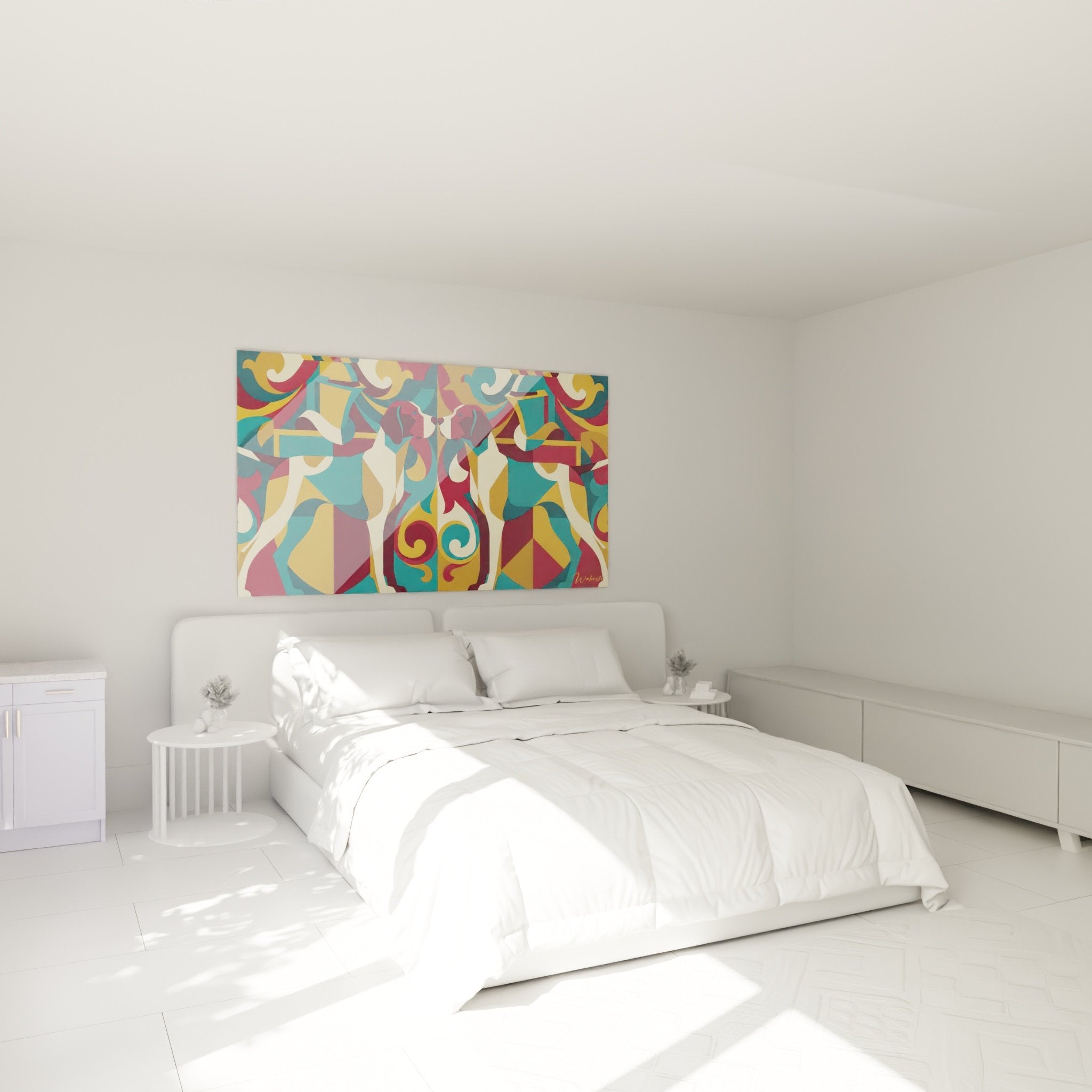 Wanddekoration Schlafzimmer mit geometrischem Hundetableau in lebhaften Farben Bordeaux, Türkis und Gold