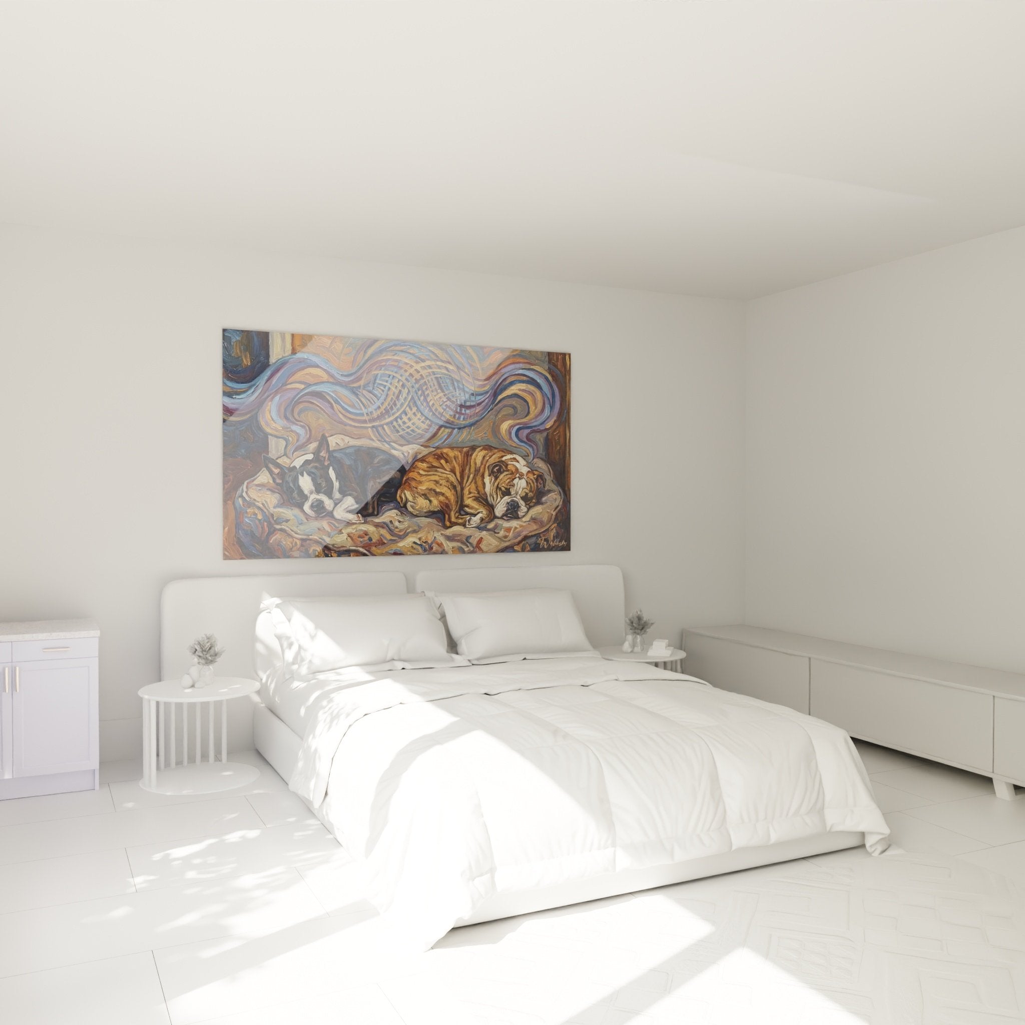 Gemälde schlafende Hunde expressionistischer Stil in modernem Schlafzimmer mit beruhigender Dekoration