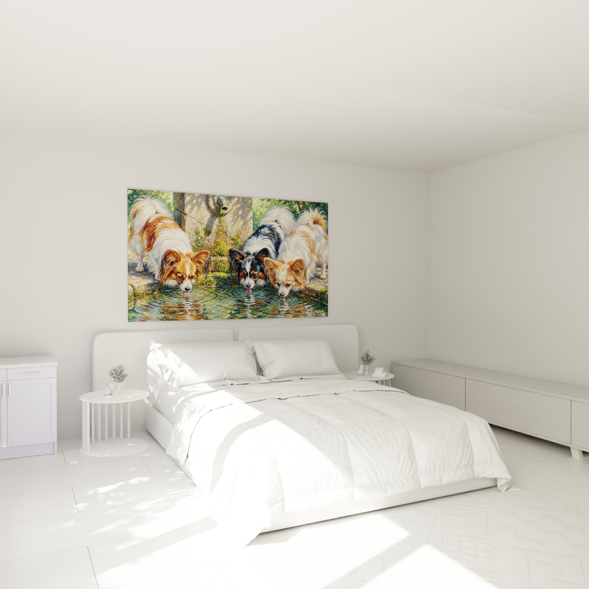 Tableau de chiens Papillon à la fontaine décorant une chambre aux tons naturels et apaisants