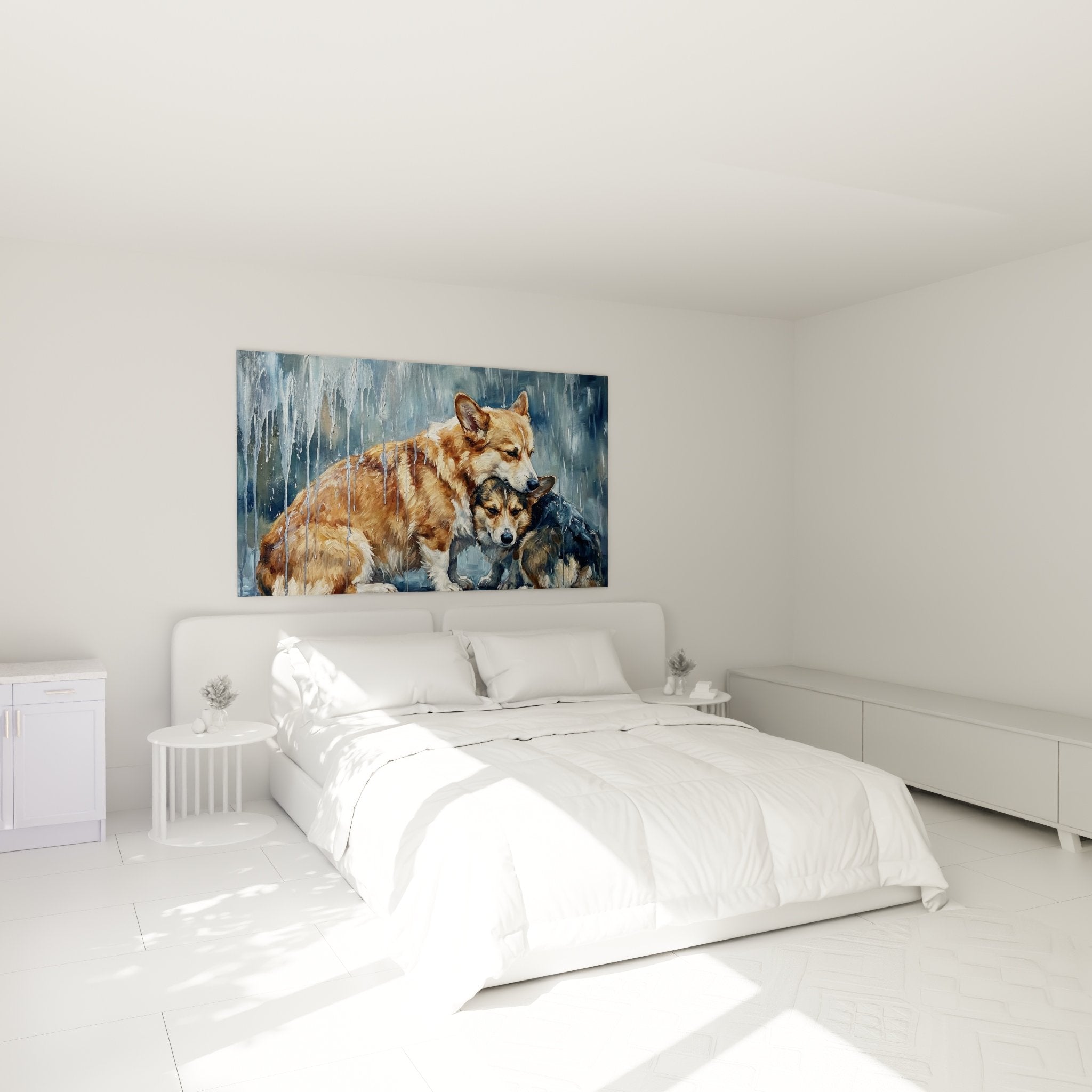 Gemälde Hunde im Regen im Schlafzimmer mit Gemütlichkeitsatmosphäre Corgi Pembroke emotionale Wanddekoration