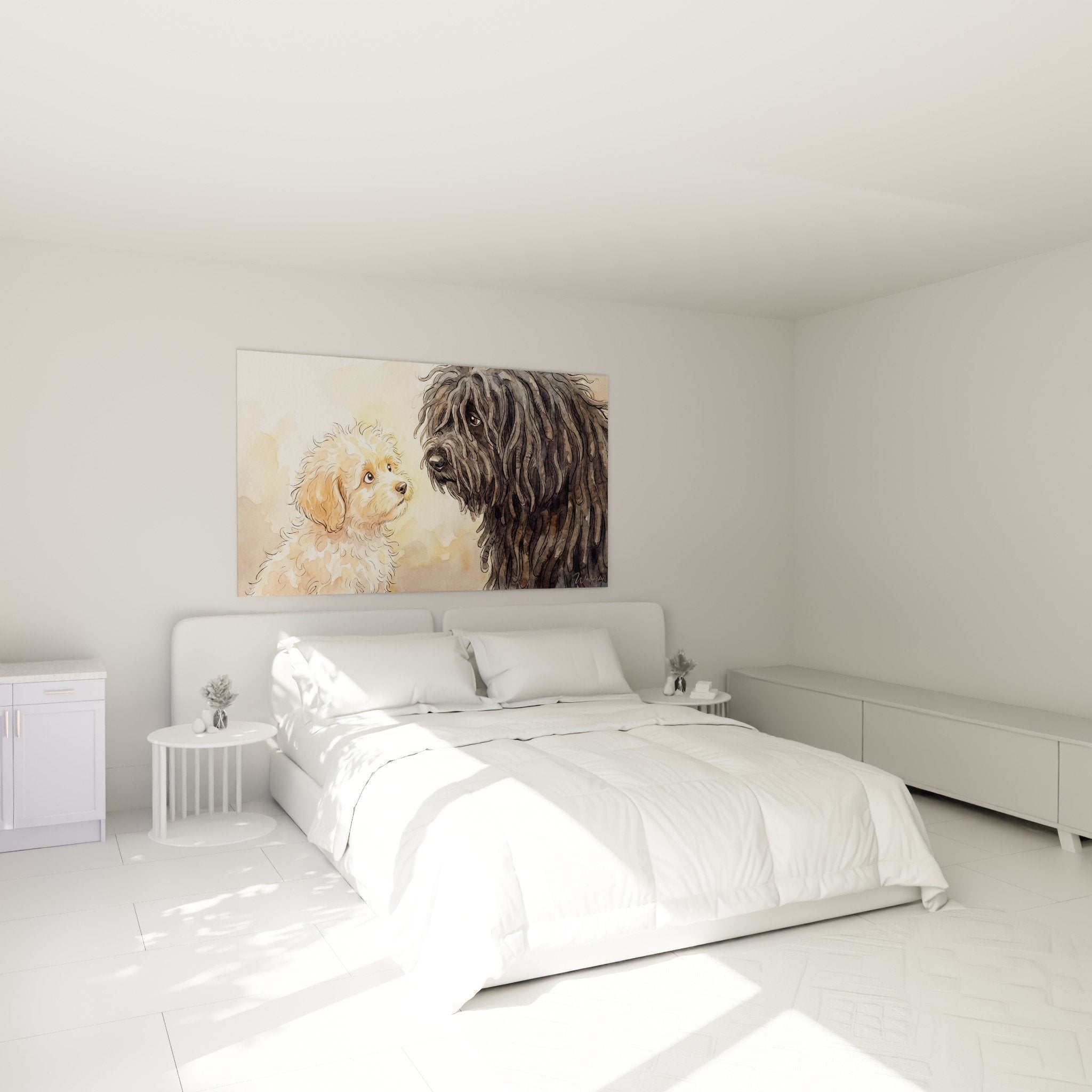 Schlafzimmerdekoration mit Gemälde von zwei Puli-Hunden mit gegenläufigen Fellmustern in sanfter und beruhigender Atmosphäre