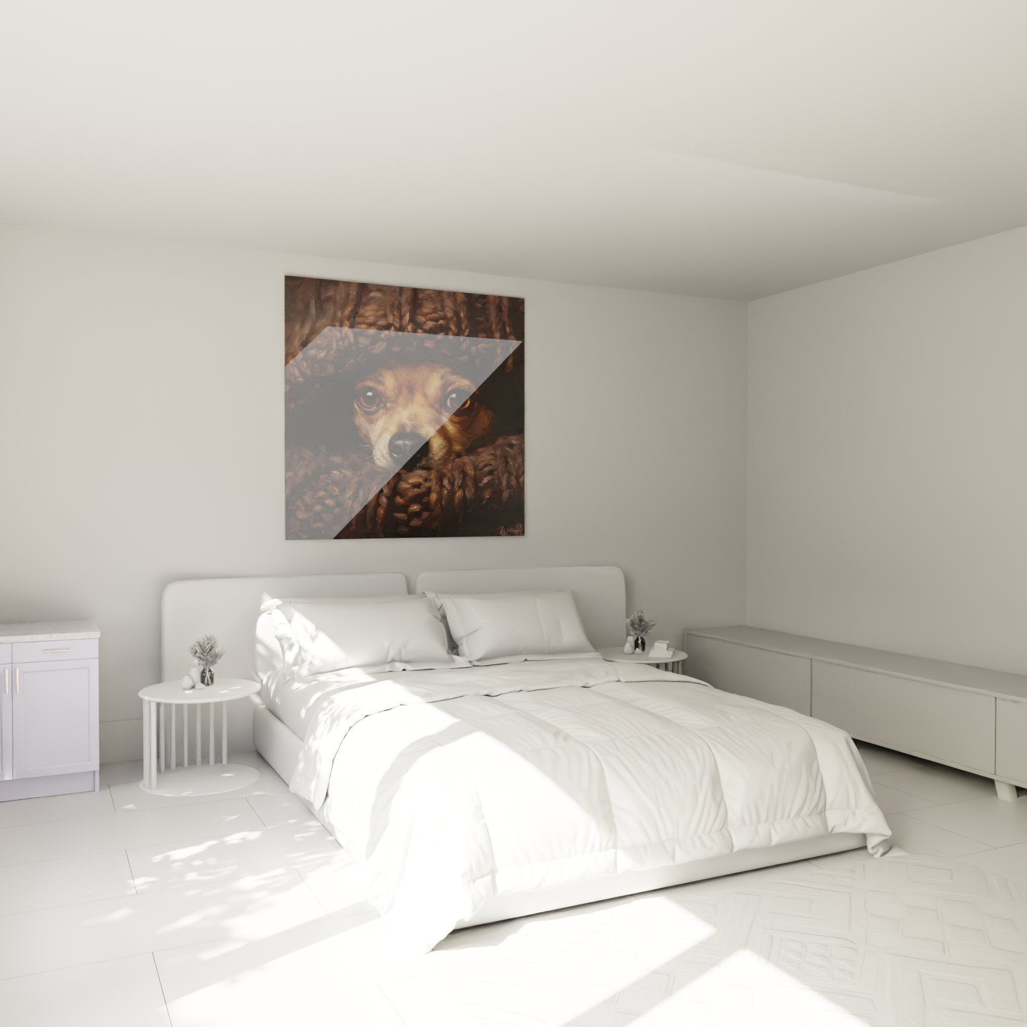 Décoration chambre tableau chihuahua couverture tricotée ambiance chaleureuse art animalier mural