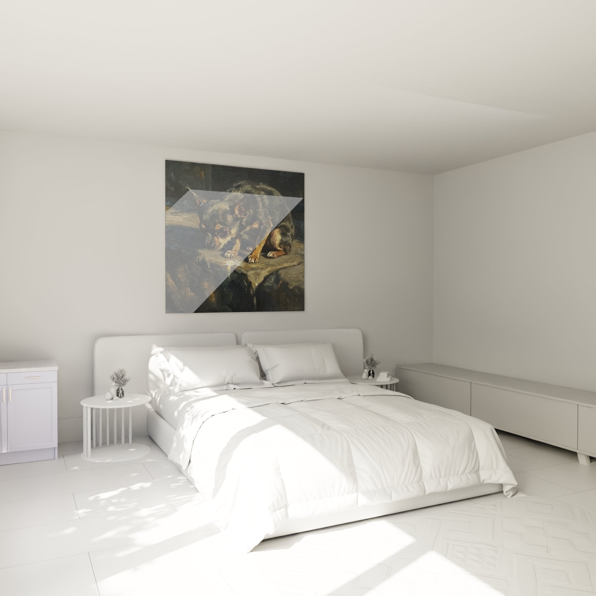 Déco chambre avec tableau chihuahua mélancolique tons chauds bruns dans ambiance cocooning