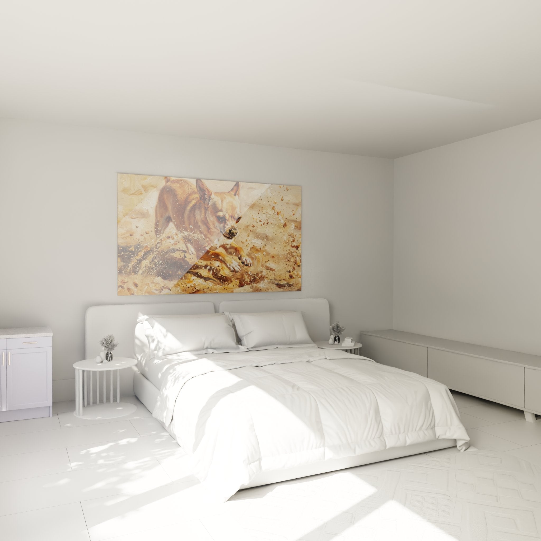 Décoration chambre avec tableau chihuahua en mouvement, ambiance chaleureuse tons ocre et crème