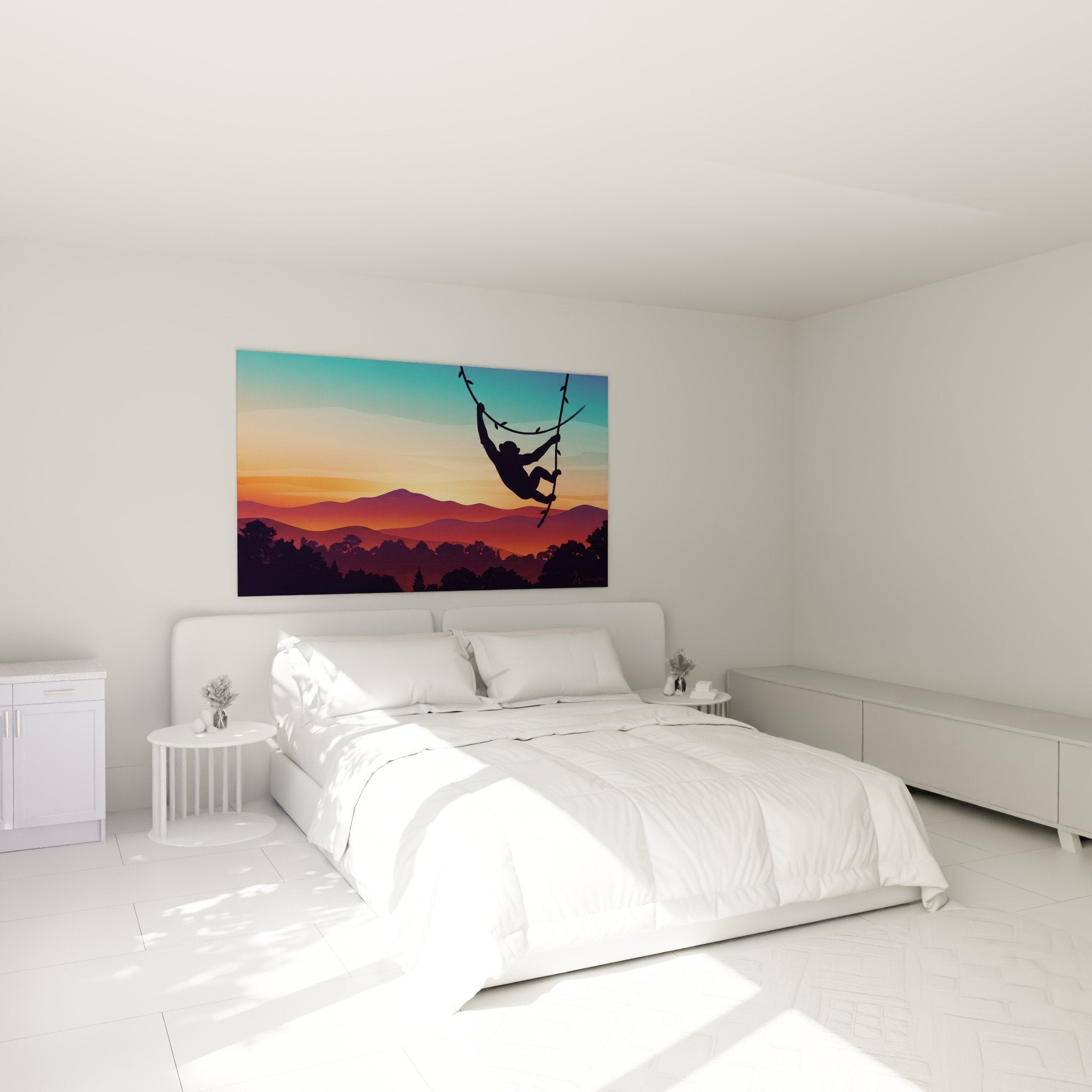Déco chambre tableau chimpanzé paysage crépusculaire orange turquoise ambiance nature sauvage mur tête lit