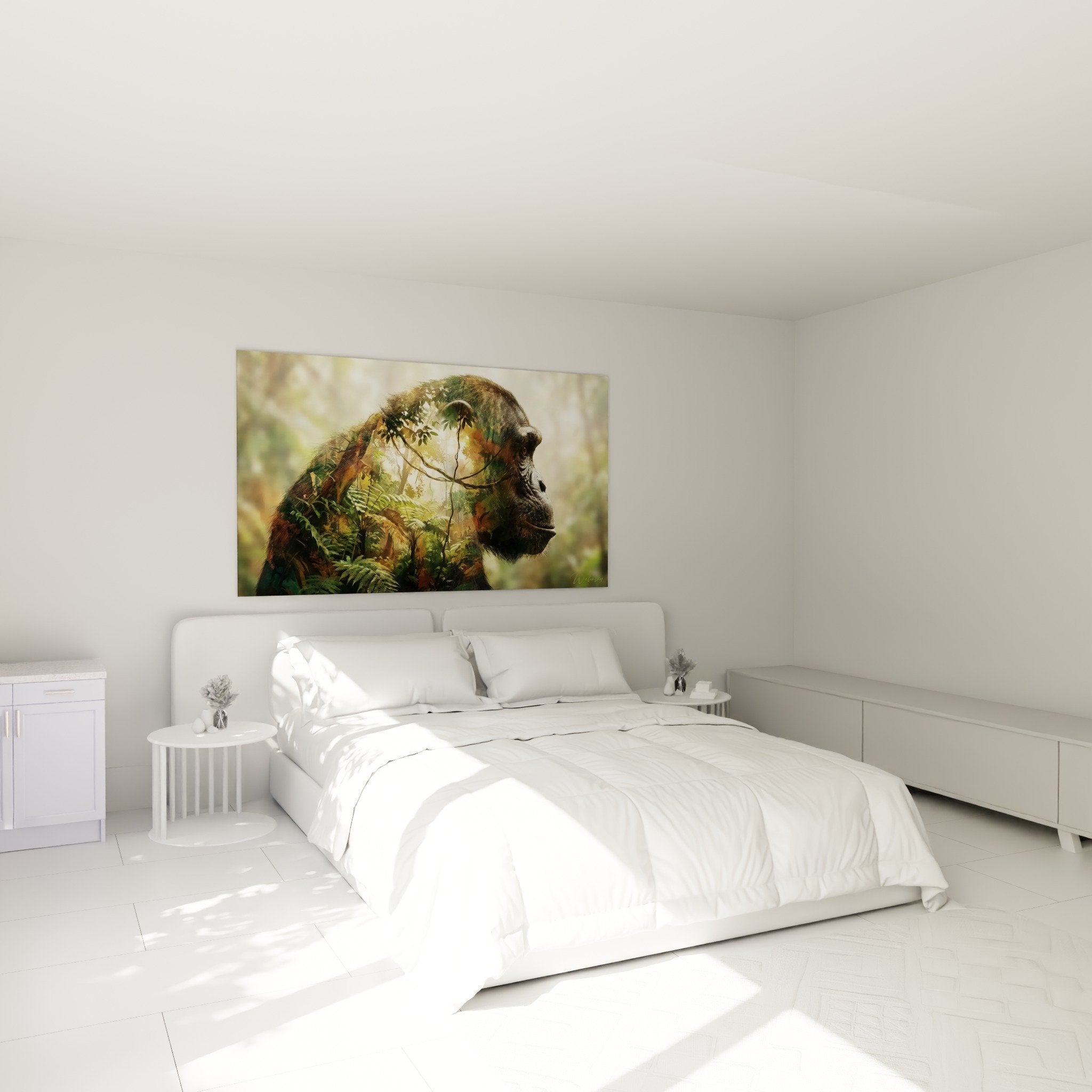 Decoration chambre tableau chimpanze fusion vegetale ambiance apaisante tons chauds dores verts naturels zen