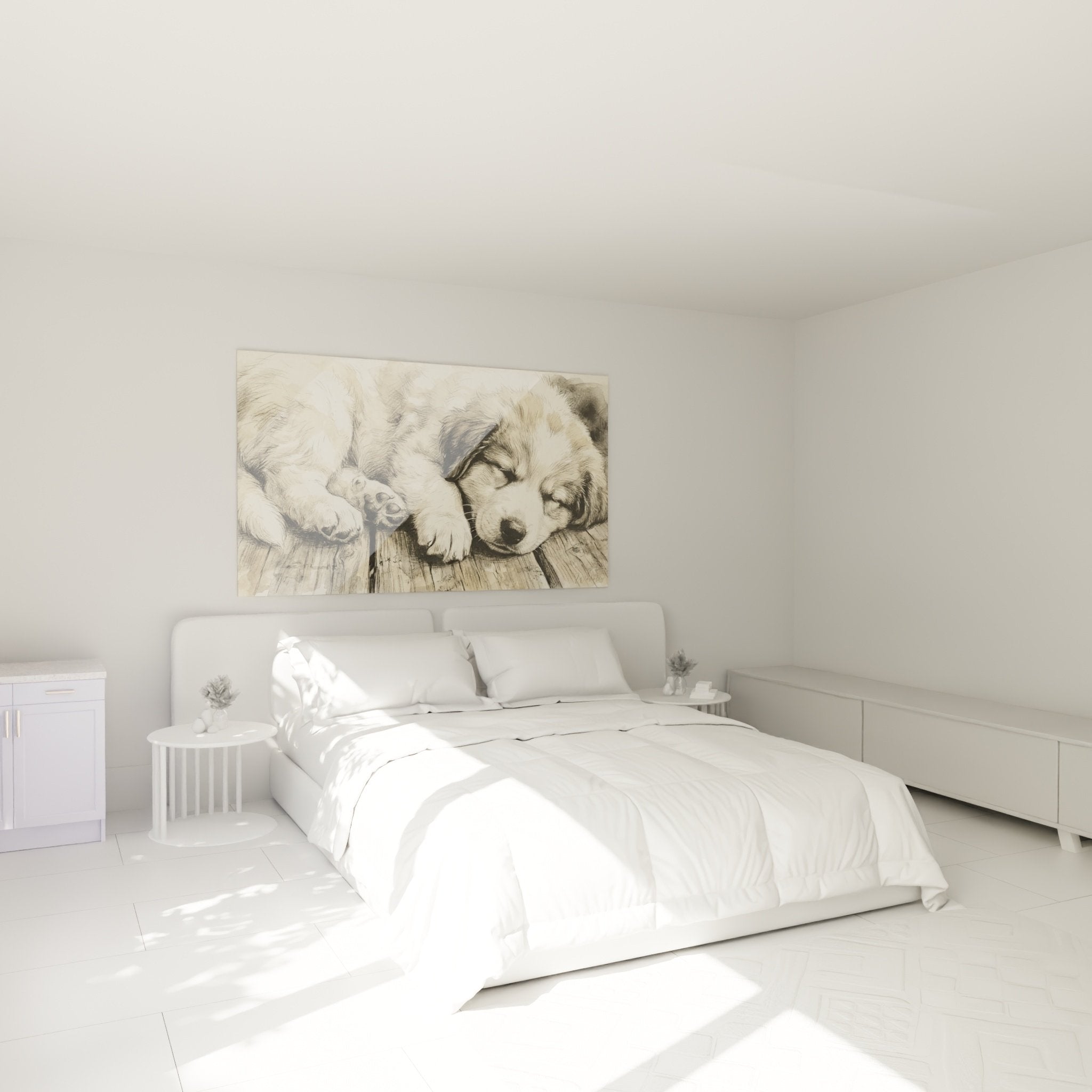 Schlafzimmer Dekoration Gemälde schlafender Welpe beige Sepia über dem Bett gemütliche Atmosphäre