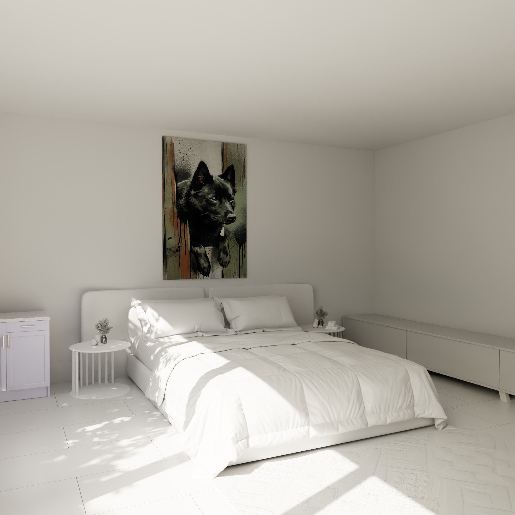 Schipperke-Welpe Kunstwerk urbane Kunst dekoriert modernes Schlafzimmer graue Wand zeitgenössische Möbel