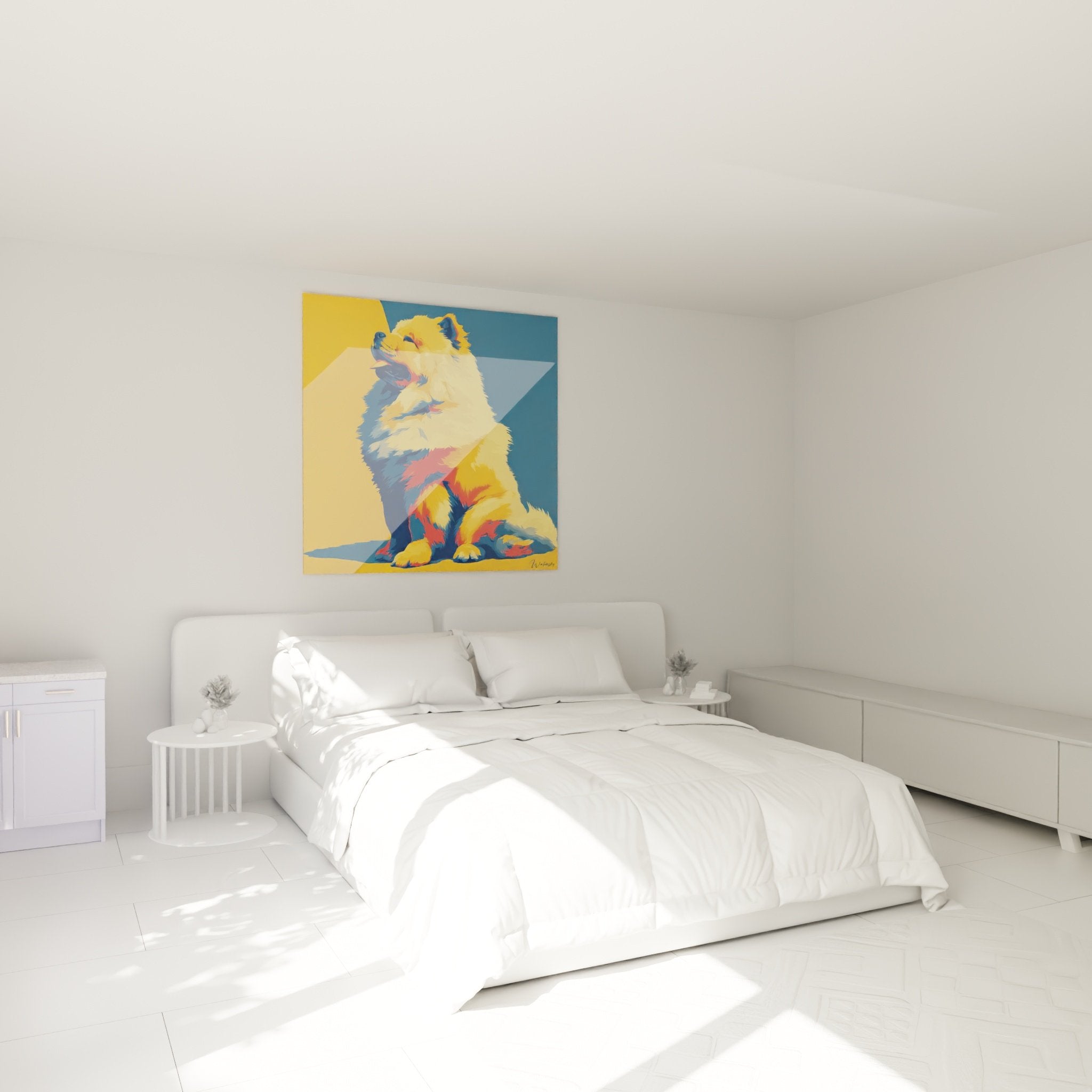 Farbenfrohe Chow-Chow Wanddekoration in modernem Schlafzimmer mit warmer Atmosphäre