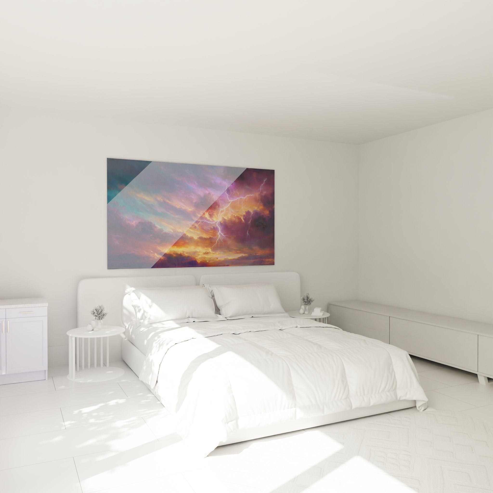 Décoration chambre avec tableau ciel orageux aux couleurs vives suspendu au mur