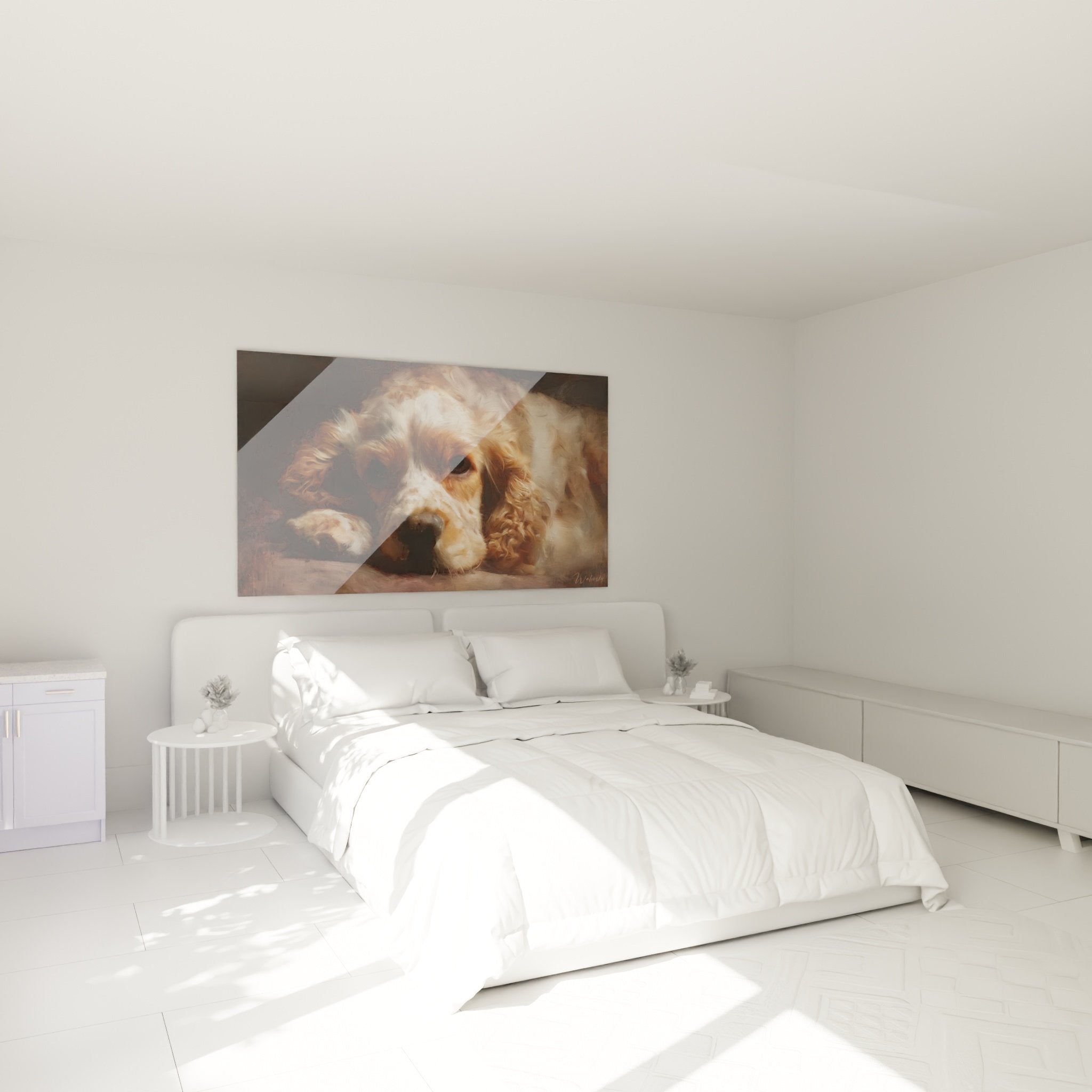 Décoration chambre avec tableau Cocker Americain doré créant ambiance chaleureuse et apaisante