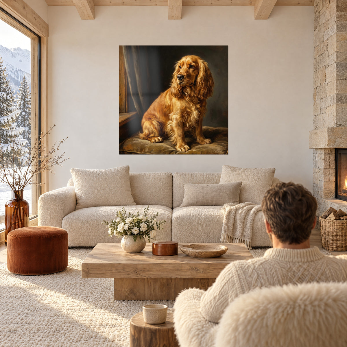 Wall art of a red cocker spaniel with curly ears, dark brown background and grey curtain, above a sofa in a bright living room