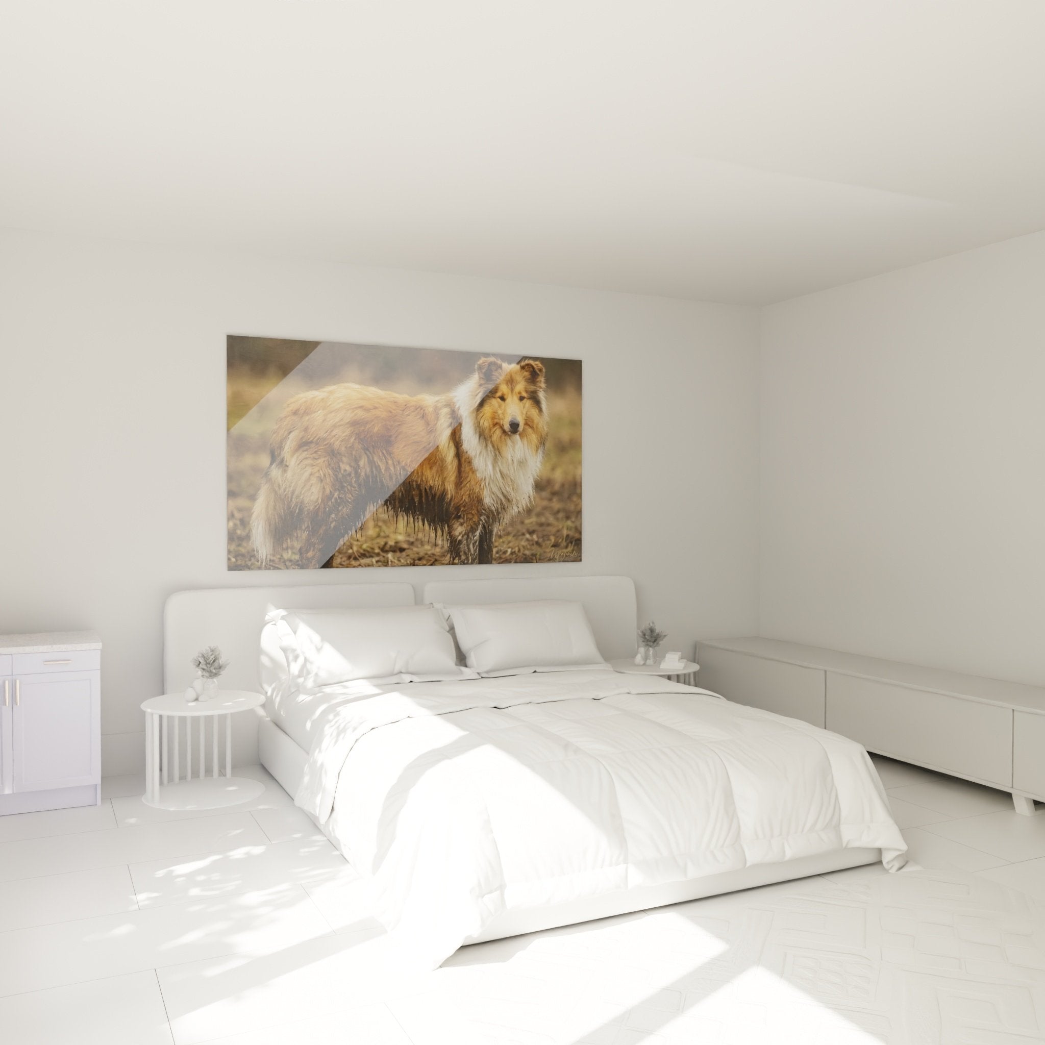 Tableau Collie fauve boueux décorant chambre murs beiges ambiance chaleureuse naturelle