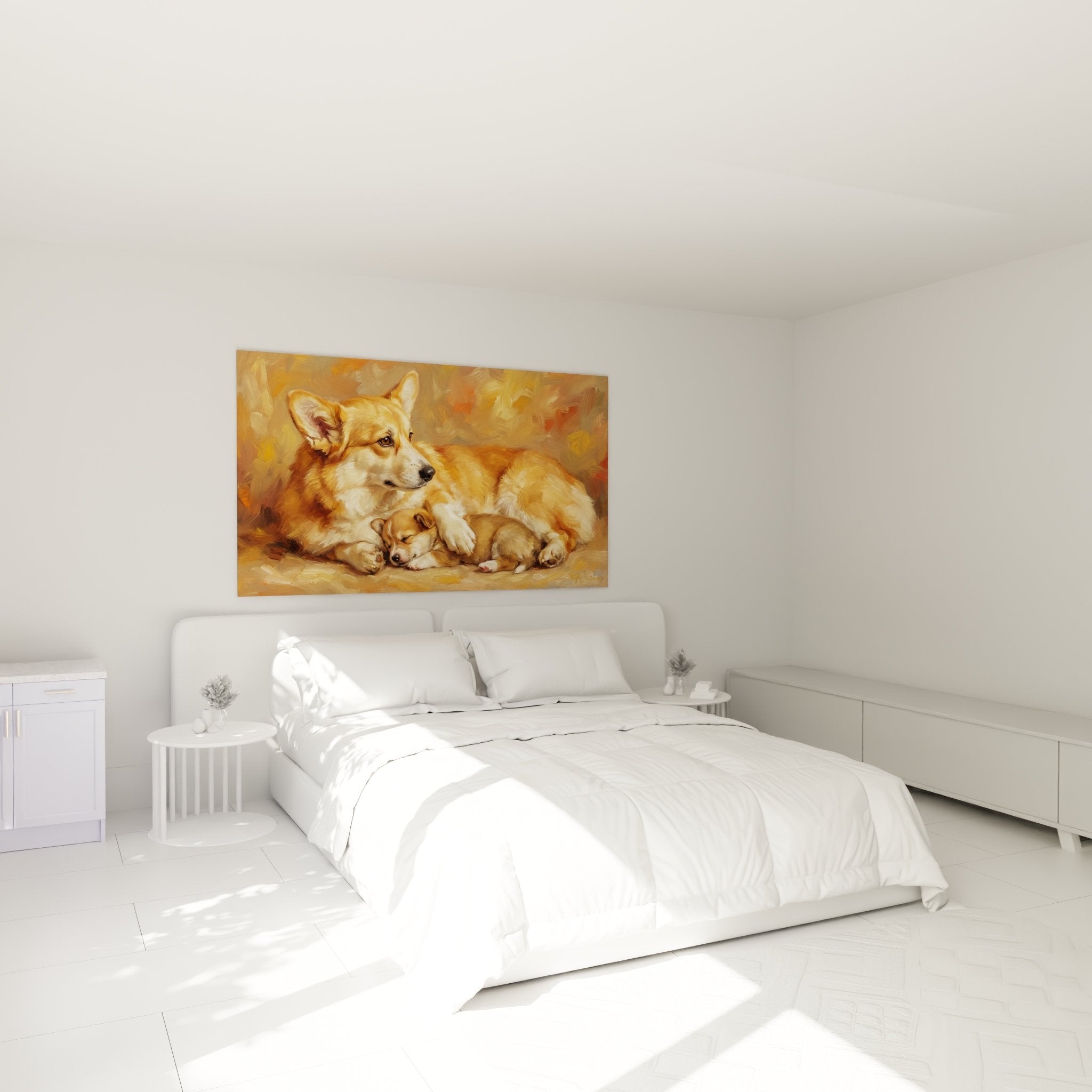 Tableau Corgi mère et chiot dans chambre moderne, ambiance cocooning avec tons beiges et bois naturel
