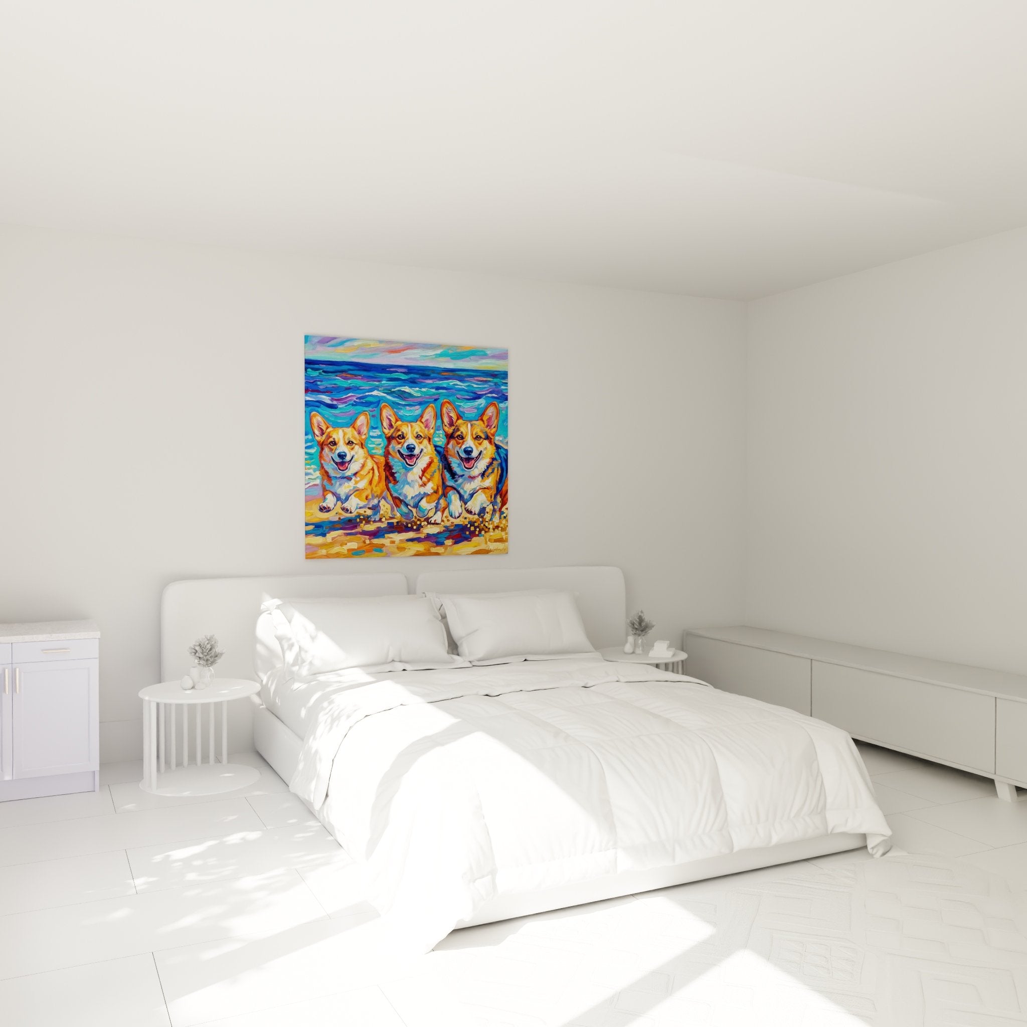 Tableau de Corgis sur la plage dans une chambre moderne avec décoration maritime et tons bleus