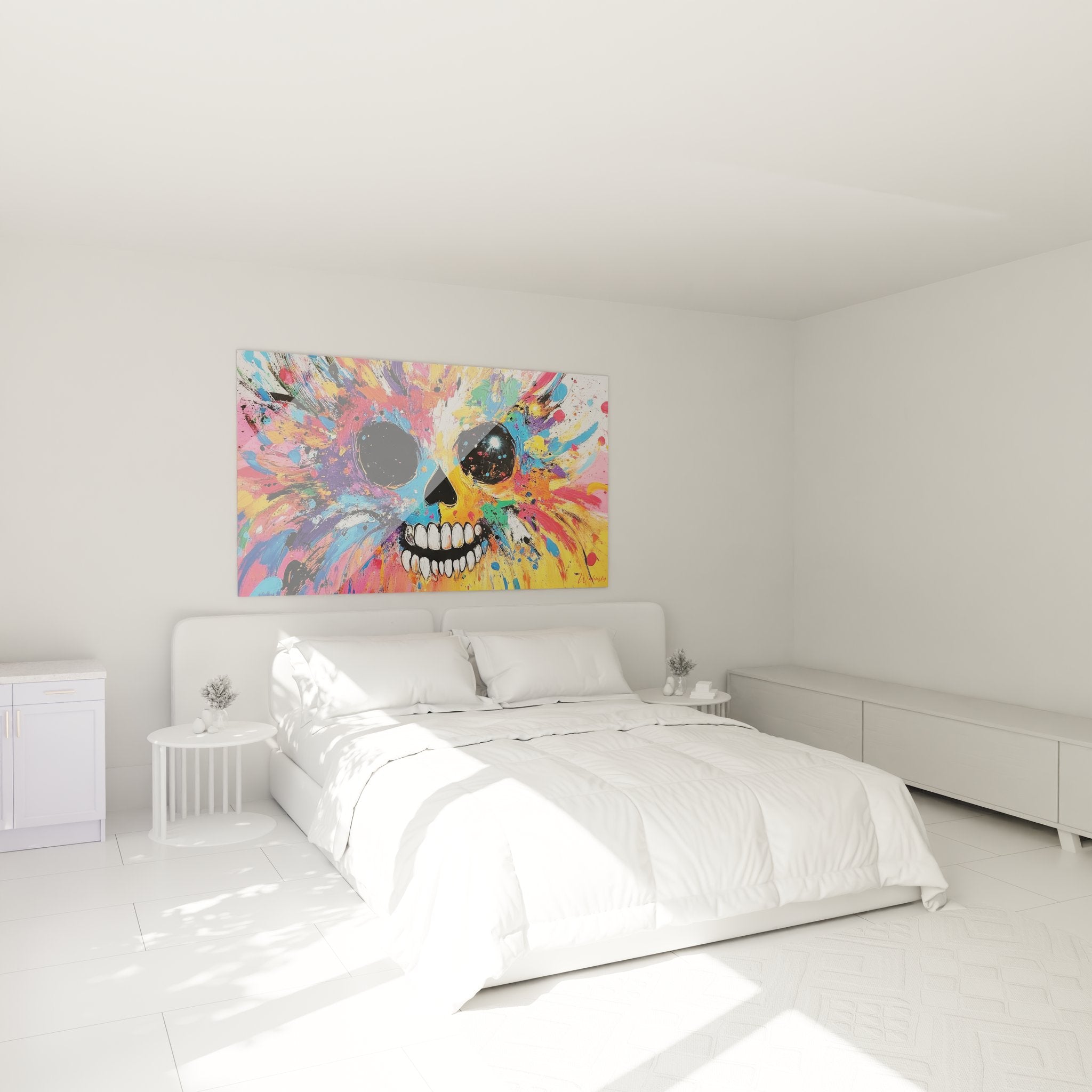 Décoration chambre avec tableau crâne coloré abstrait style street art moderne