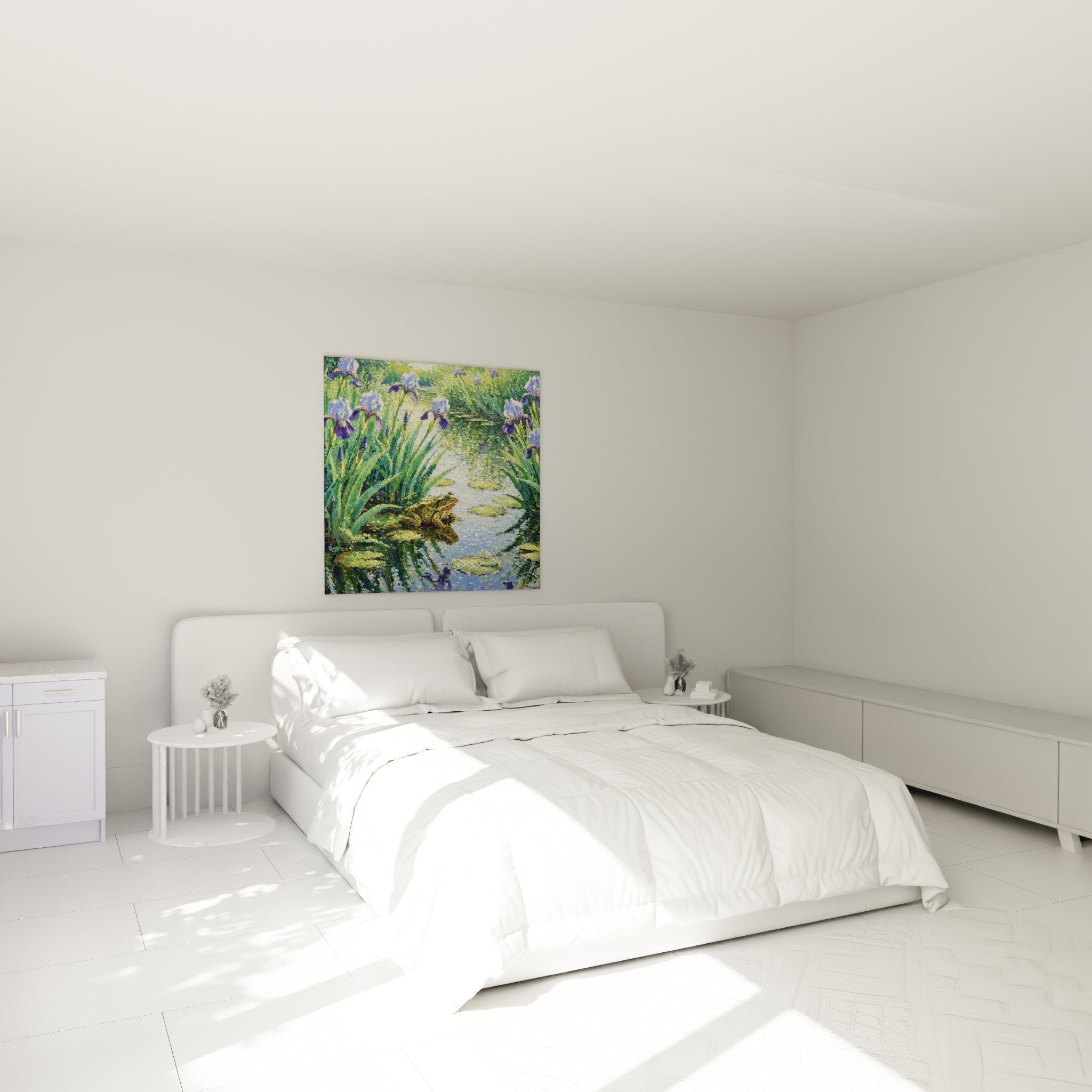 Toad pond painting with purple iris decorating bedroom with calm natural atmosphere green and purple tones